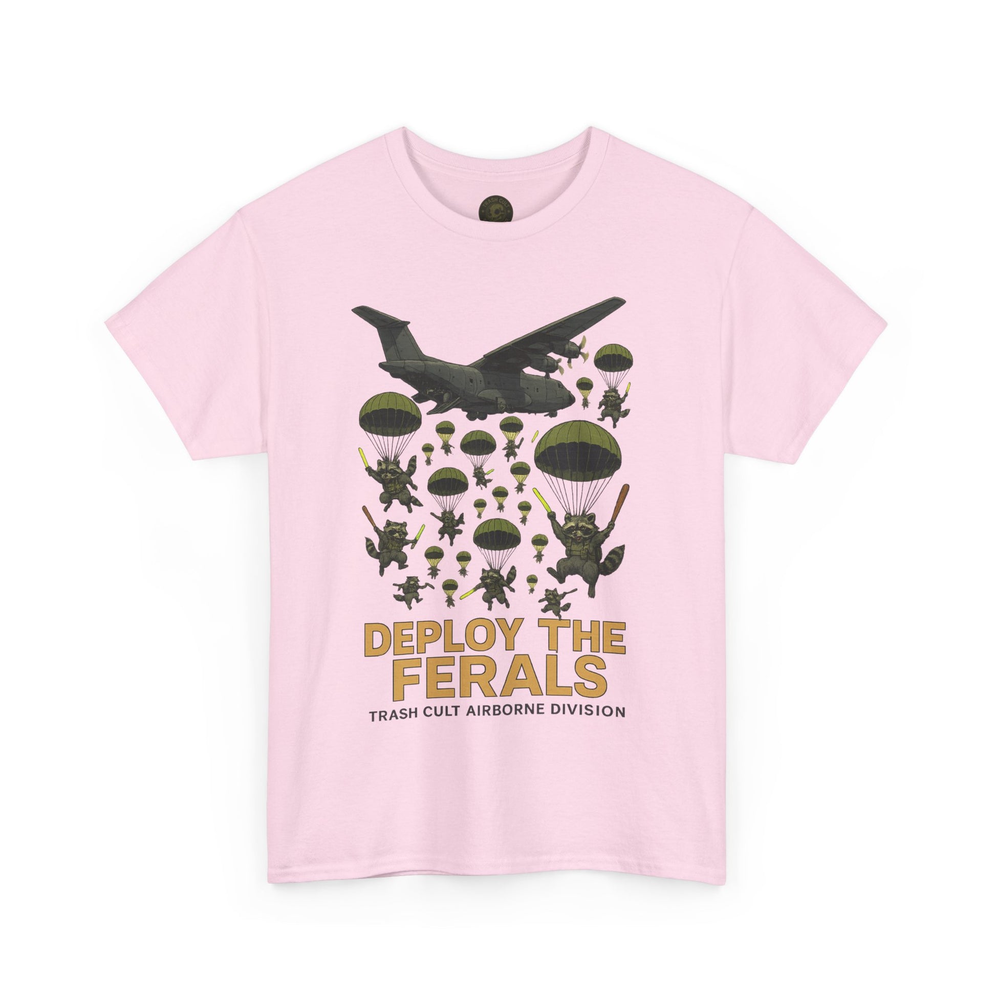 Deploy the Ferals T-Shirt – Airborne Raccoon Drop Graphic | Trash Cult Supply Co. | Gildan 5000 Heavy Cotton Tee