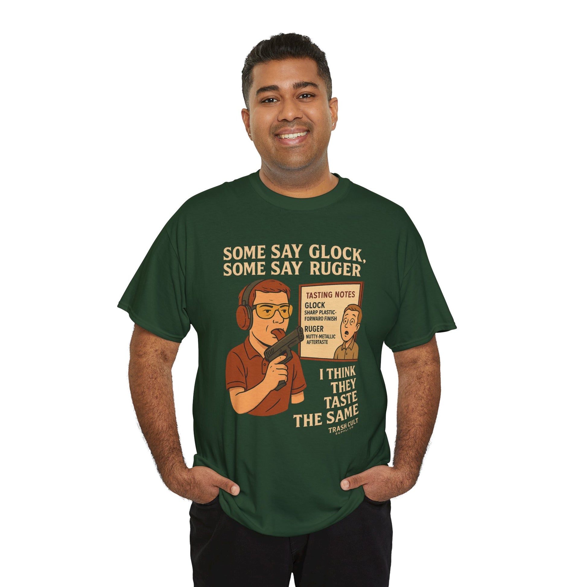 Glock vs Ruger Mouthfeel Shirt – Funny Gun Show Parody Tee | Dark Humor Firearm Tasting Notes Shirt