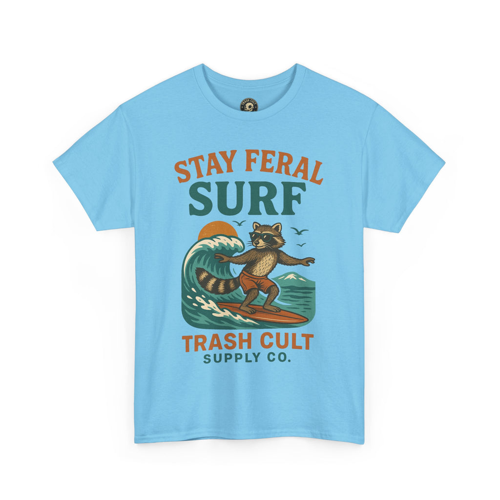 Stay Feral Surf Shirt – Retro Raccoon Beach Tee – Trash Cult Supply Co – Gildan 5000