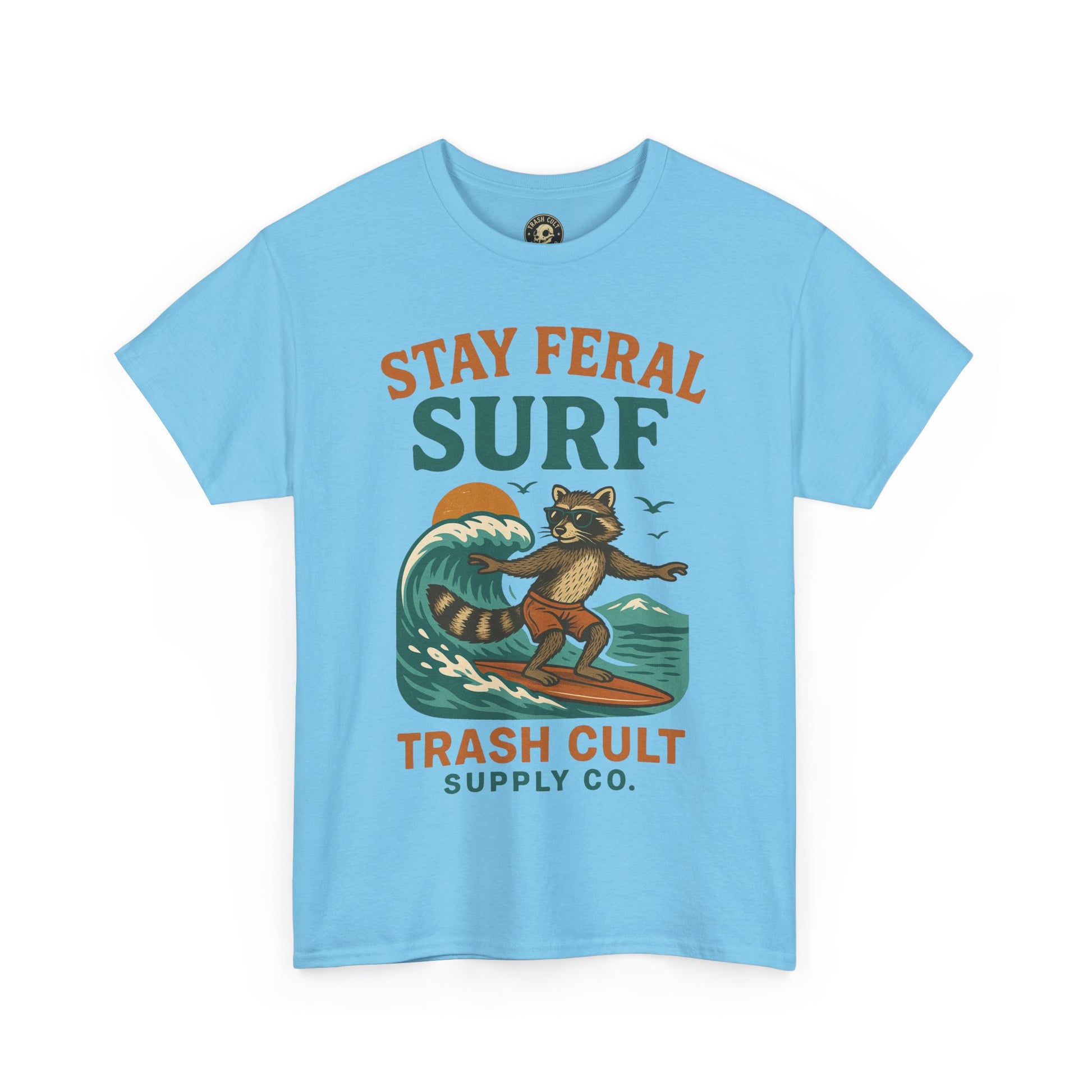 Stay Feral Surf Shirt – Retro Raccoon Beach Tee – Trash Cult Supply Co – Gildan 5000
