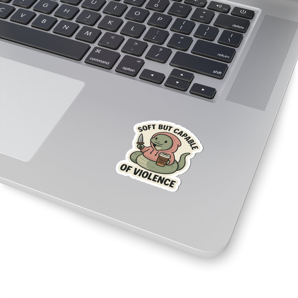 “Soft But Capable of Violence” Sticker – Cute Snake with Knife & Latte