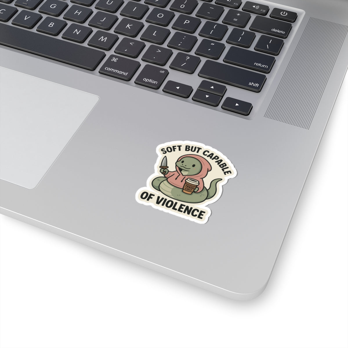 “Soft But Capable of Violence” Sticker – Cute Snake with Knife & Latte