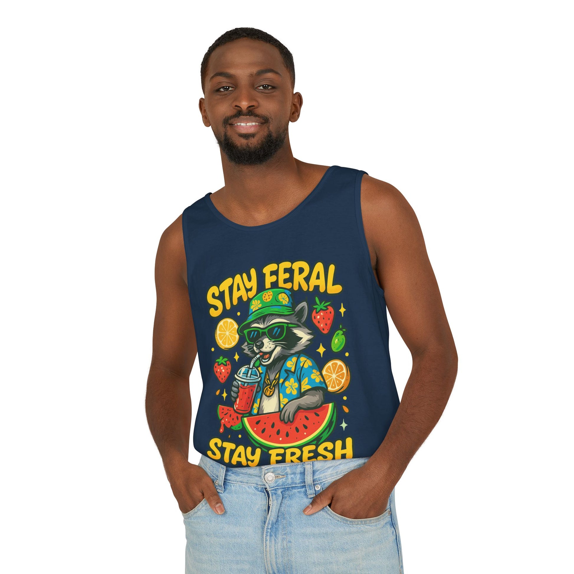 Stay Feral Stay Fresh Tank Top, Summer Apparel, Unisex Graphic Tee, Beachwear, Fun Gift for Animal Lovers
