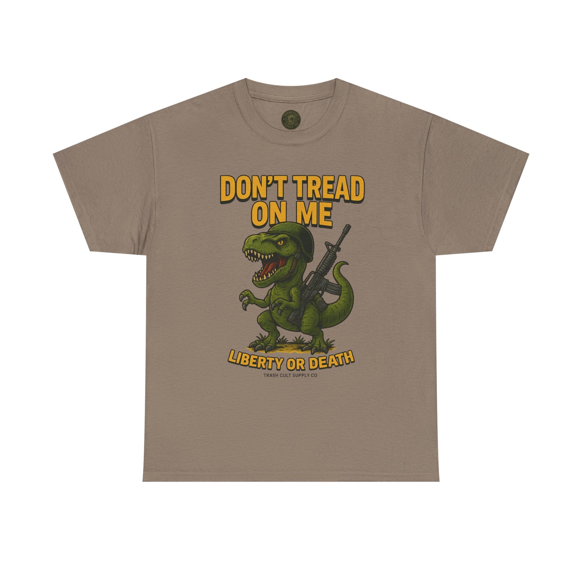 Don’t Tread On Me T-Rex T-Shirt – Liberty or Death Graphic | Trash Cult Supply Co. | Gildan 5000 Heavy Cotton