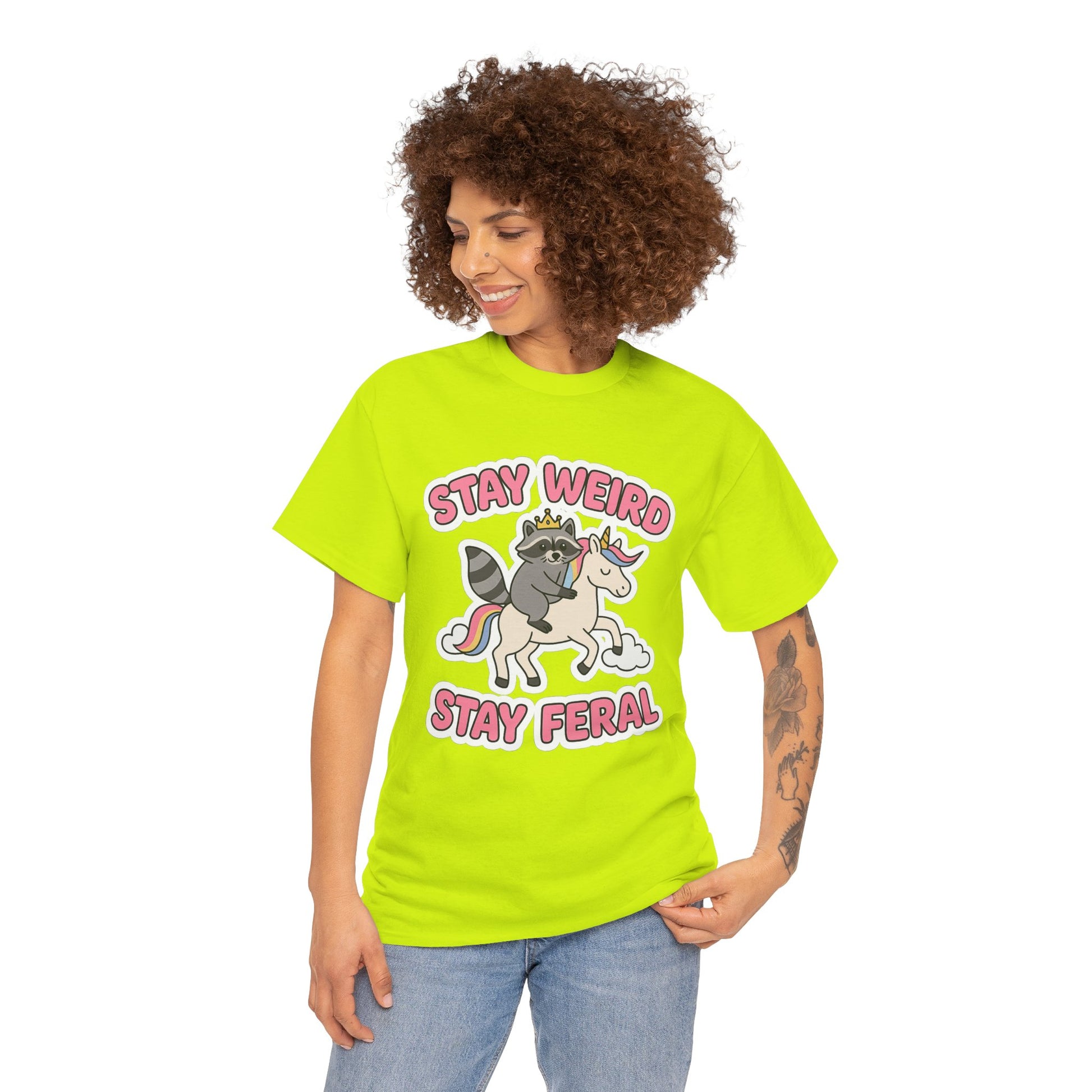 Stay Weird Stay Feral Shirt – Raccoon & Unicorn – High Visibility Gildan 5000 Tee