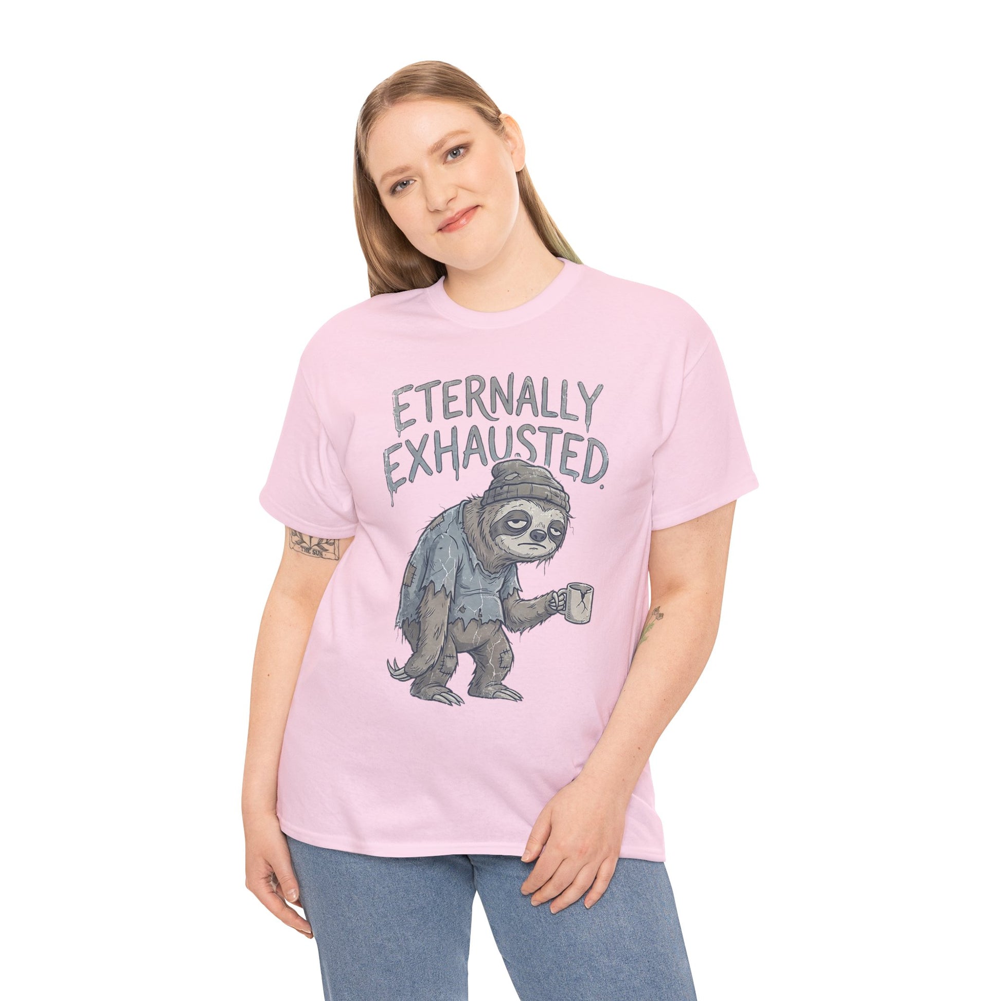 T-Shirt — 'Eternally Exhausted' Sloth Graphic Tee (Funny Coffee Lover Gift)