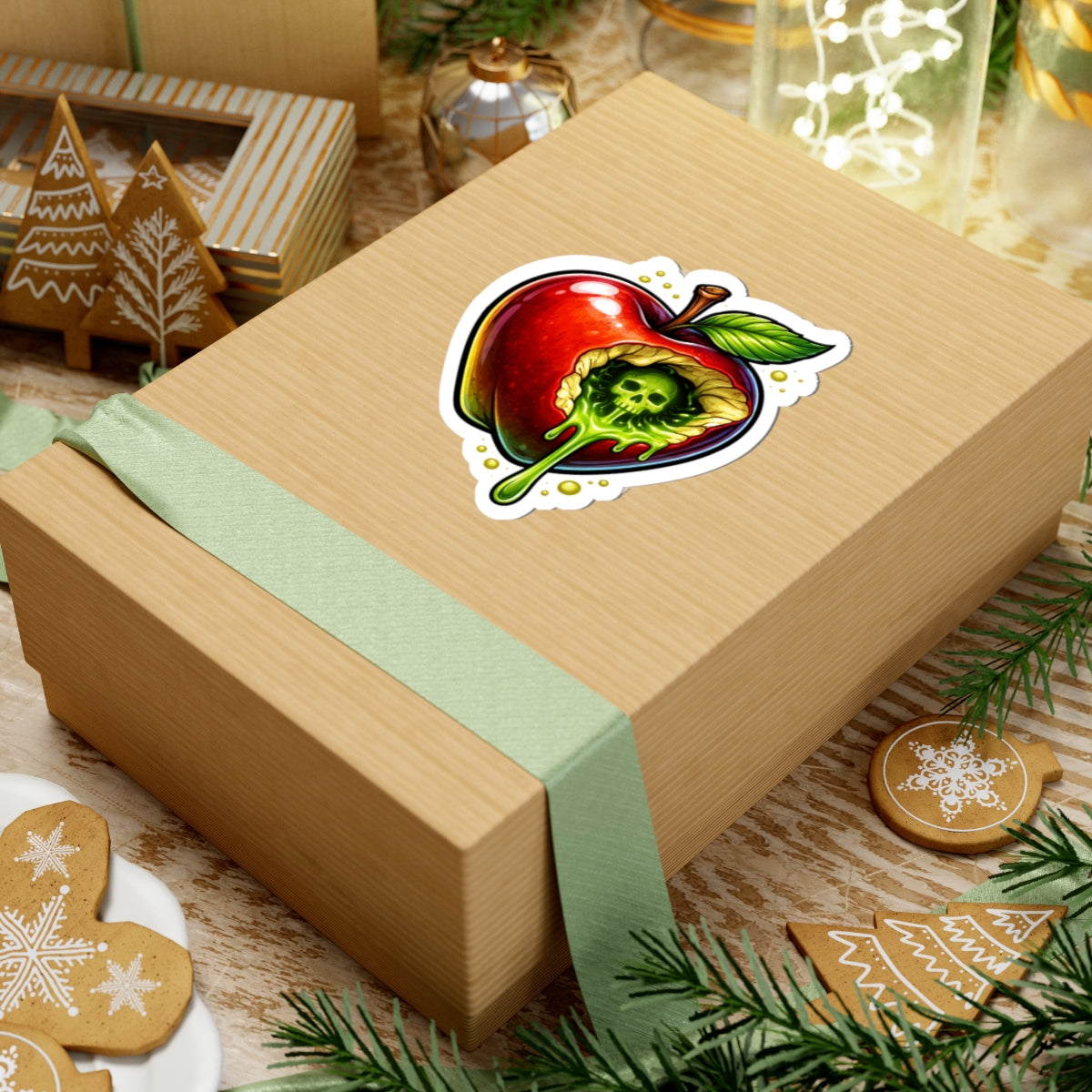 Poisoned Apple Kiss-Cut Sticker — Skull & Dripping Green Goo Design