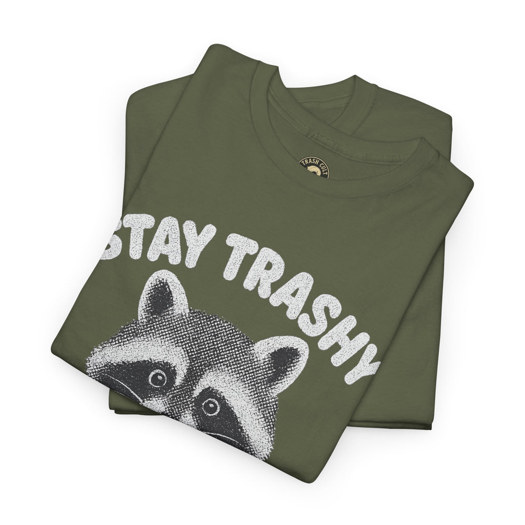 Stay Trashy Raccoon Iced Coffee Shirt – Halftone All White Design | Trash Cult Supply Co.