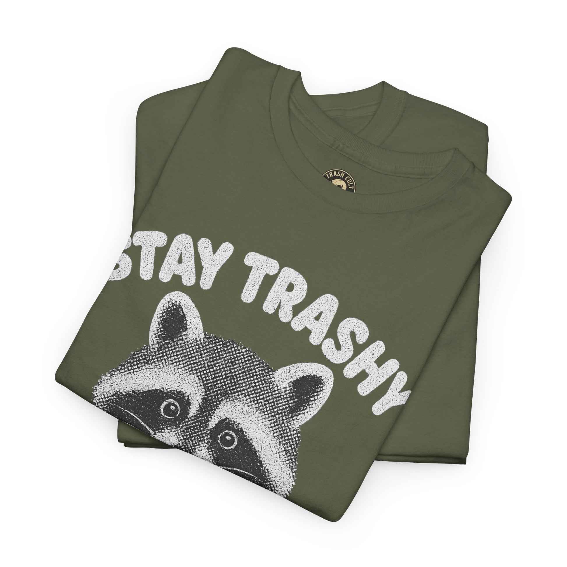 Stay Trashy Raccoon Iced Coffee Shirt – Halftone All White Design | Trash Cult Supply Co.
