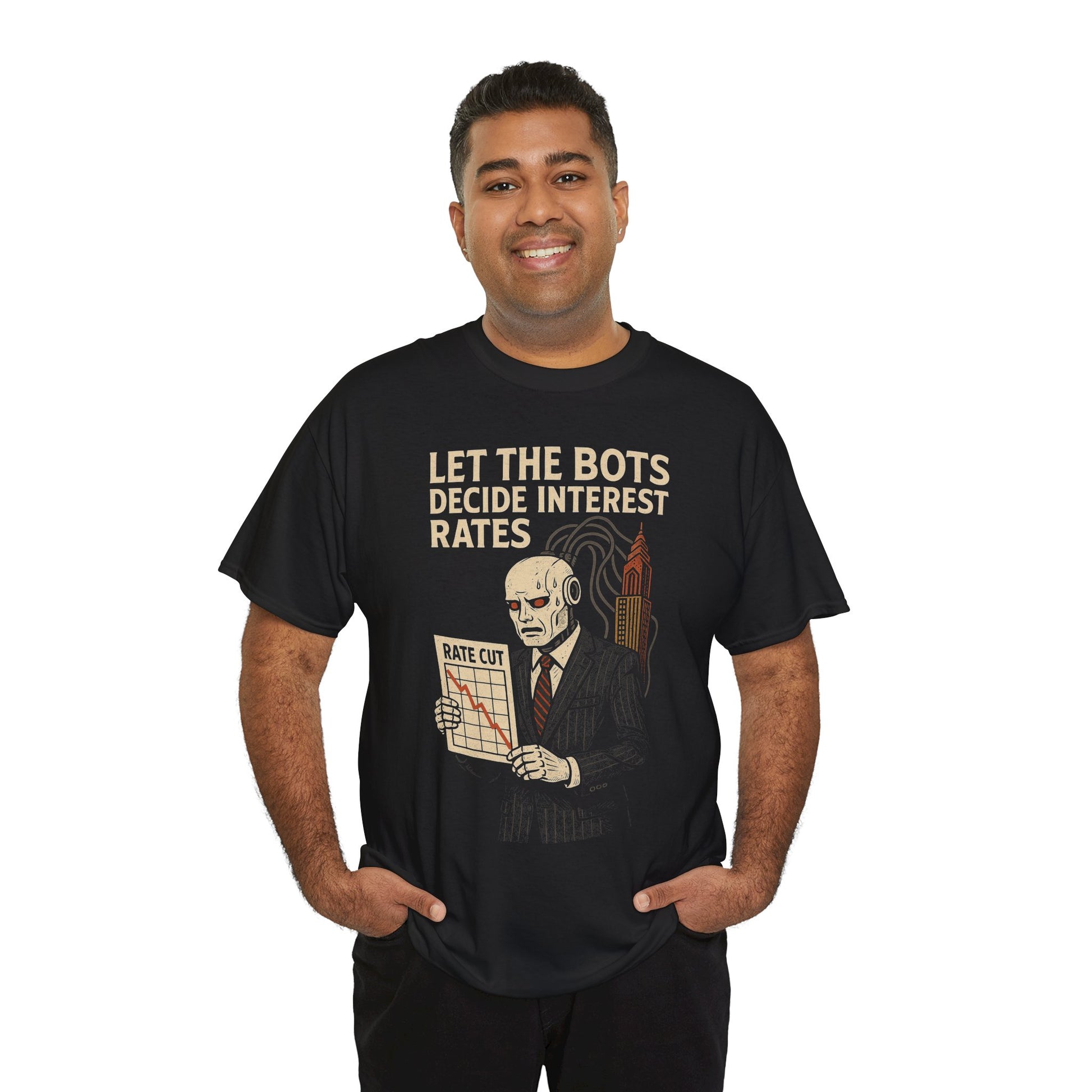 AI Bot Interest Rate Cut Shirt – Satirical Cyberpunk Finance Graphic Tee
