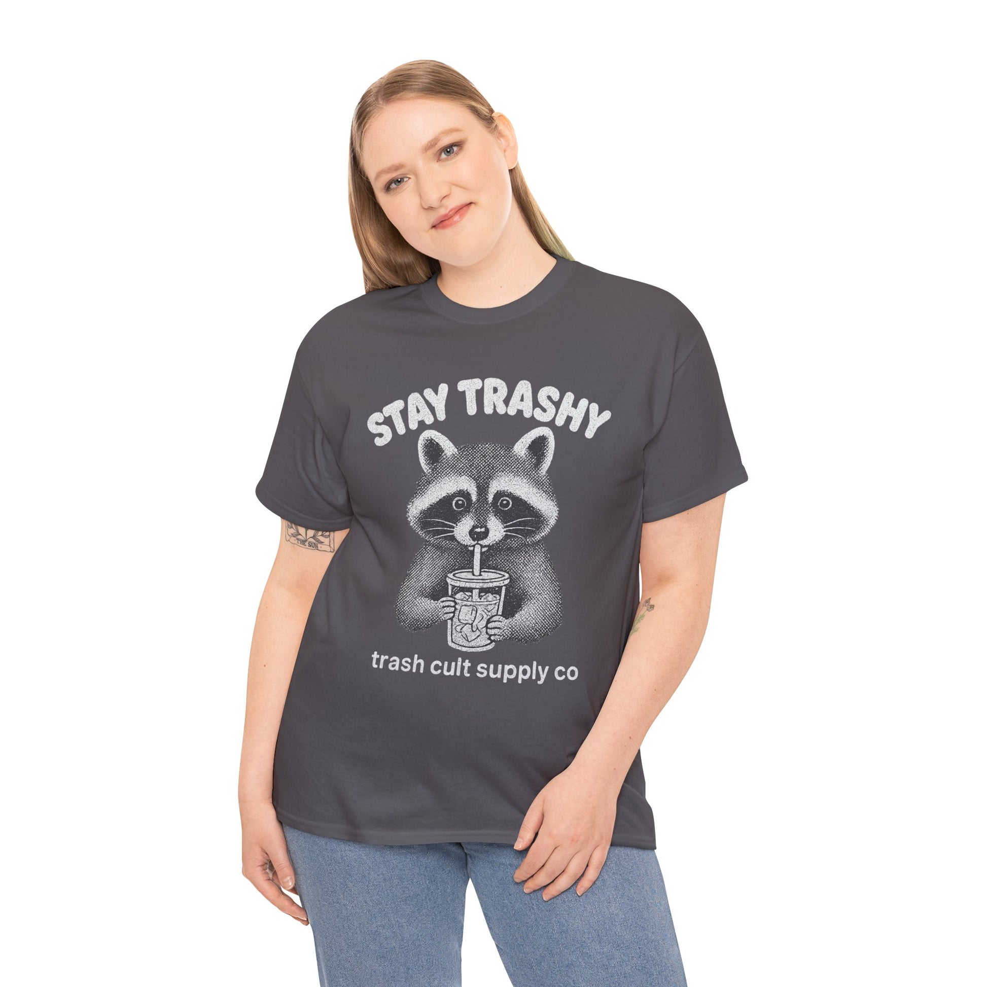 Stay Trashy Raccoon Iced Coffee Shirt – Halftone All White Design | Trash Cult Supply Co.