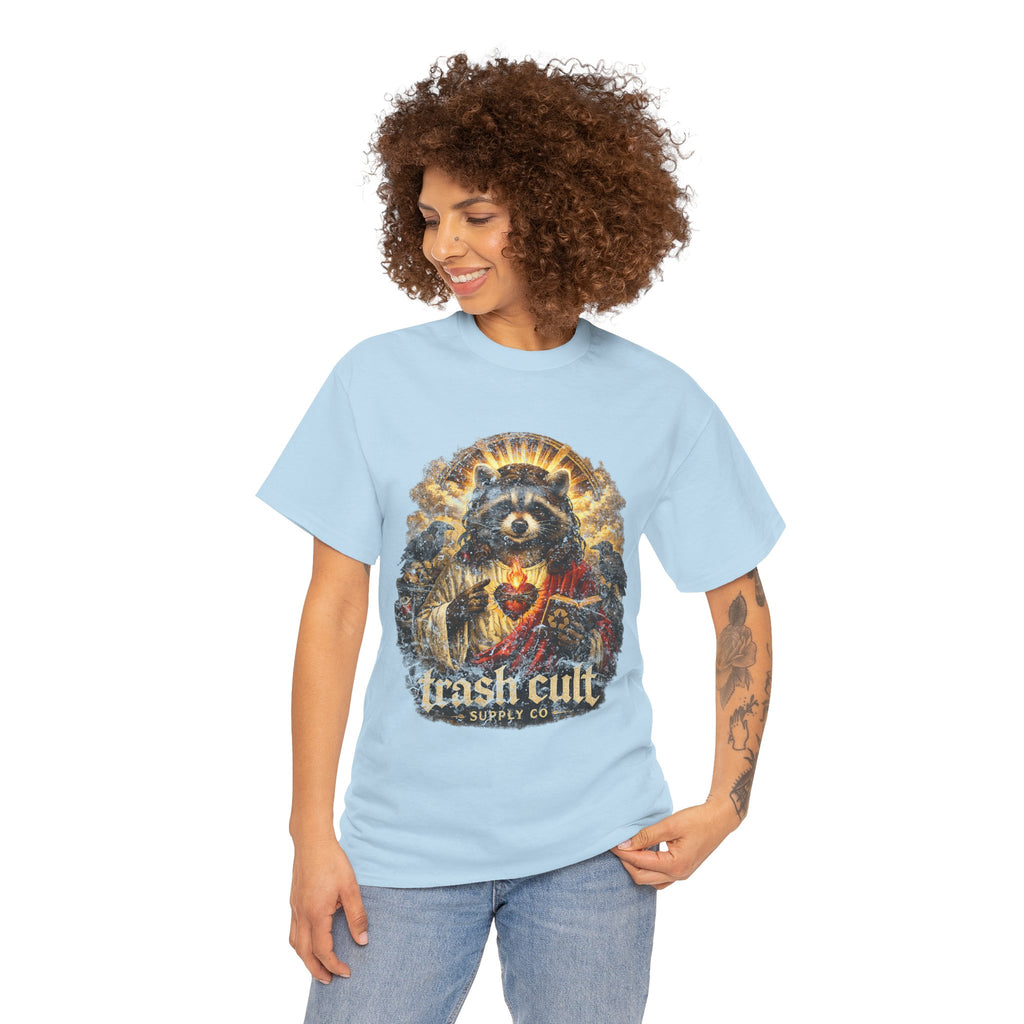 Raccoon Saint Graphic Tee — “Trash Cult” Vintage Devotional Design