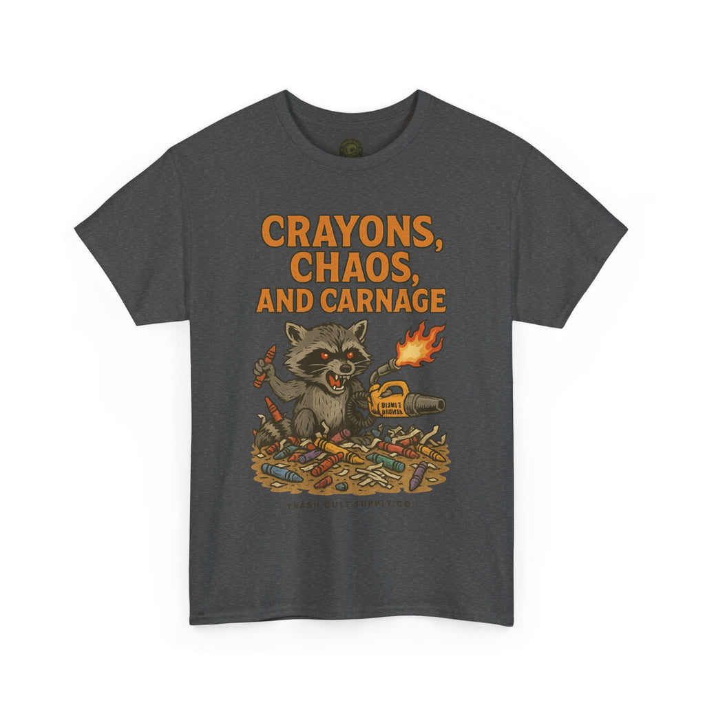 Crayons, Chaos, and Carnage T-Shirt – Dark Humor Raccoon Graphic | Trash Cult Supply Co. | Gildan 5000 Tee