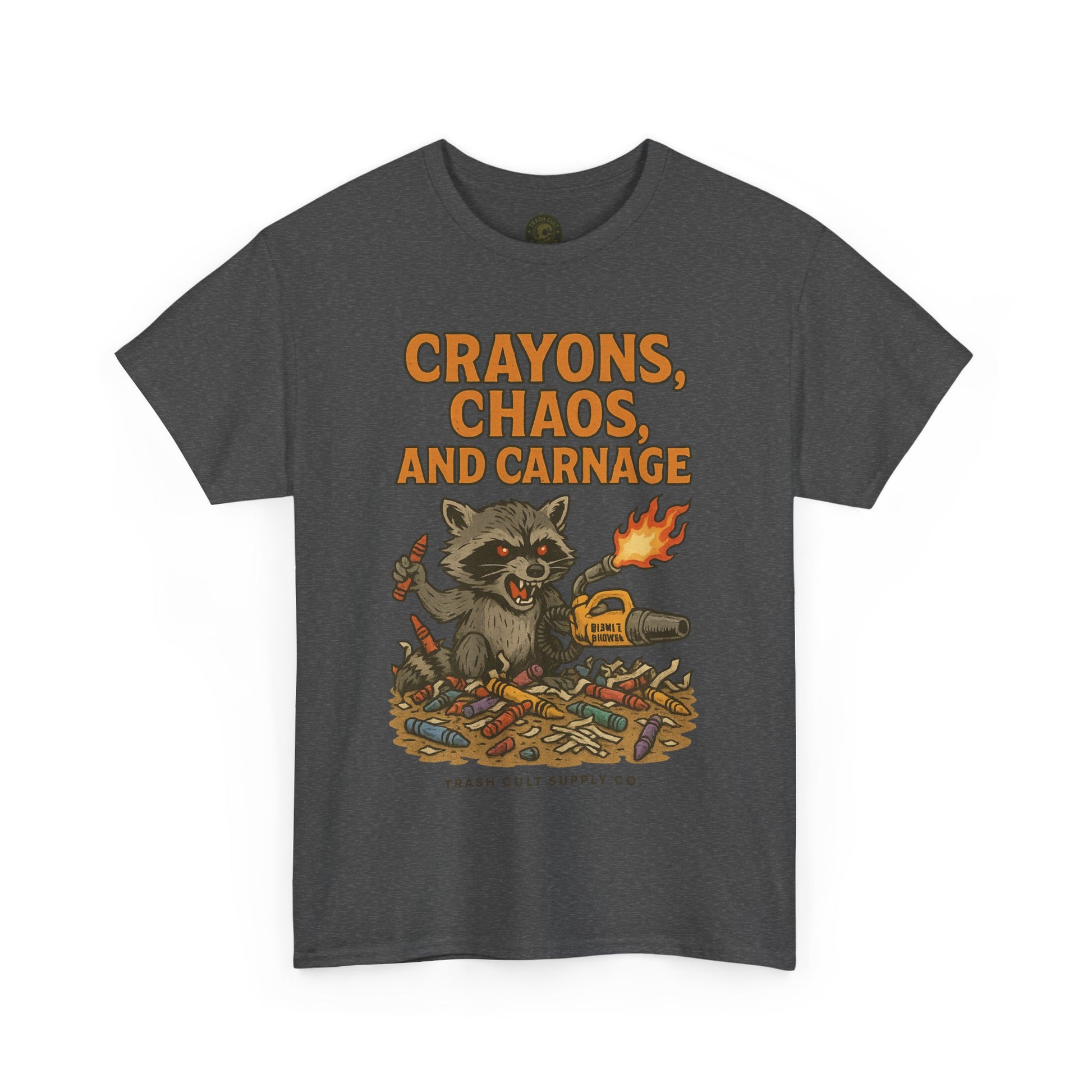 Crayons, Chaos, and Carnage T-Shirt – Dark Humor Raccoon Graphic | Trash Cult Supply Co. | Gildan 5000 Tee