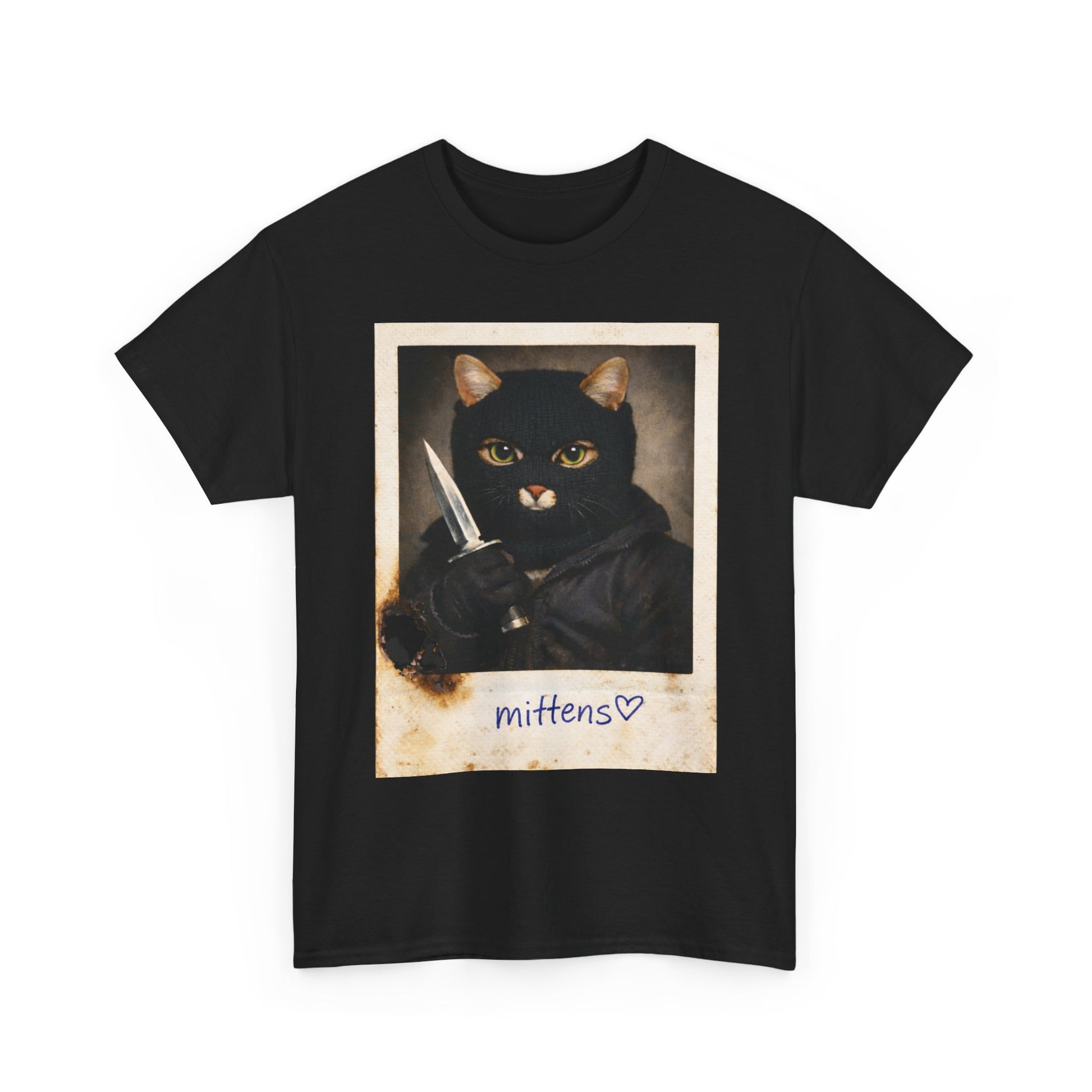Cat With Knife Tee — "Mittens" Dark Humor Vintage Polaroid Graphic T-Shirt