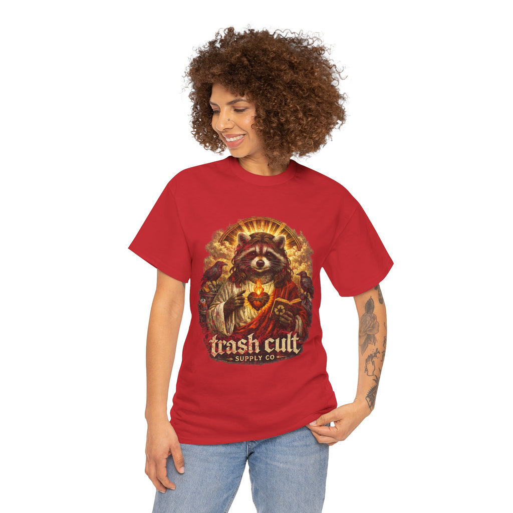 Raccoon Saint Graphic Tee — “Trash Cult” Vintage Devotional Design