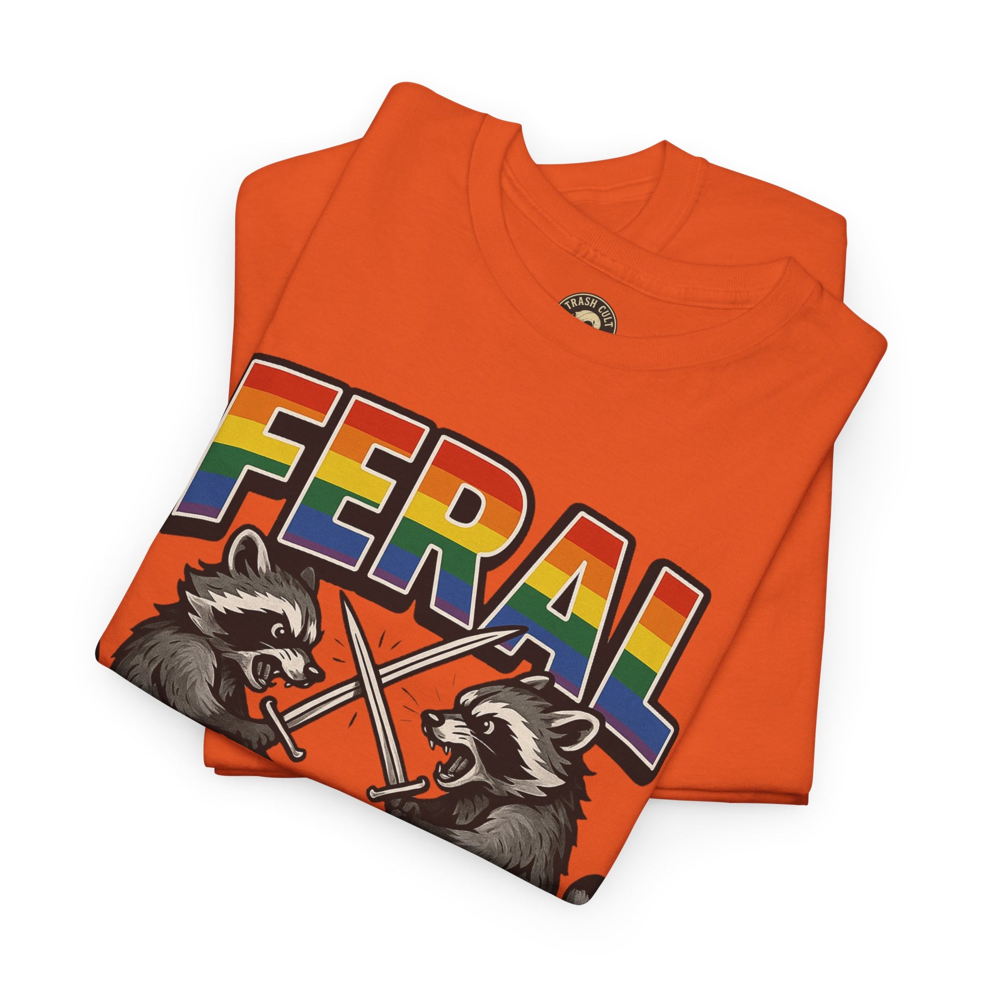 FERAL Rainbow Raccoon Sword Fighting Graphic Tee – Gildan 5000 Heavy Cotton