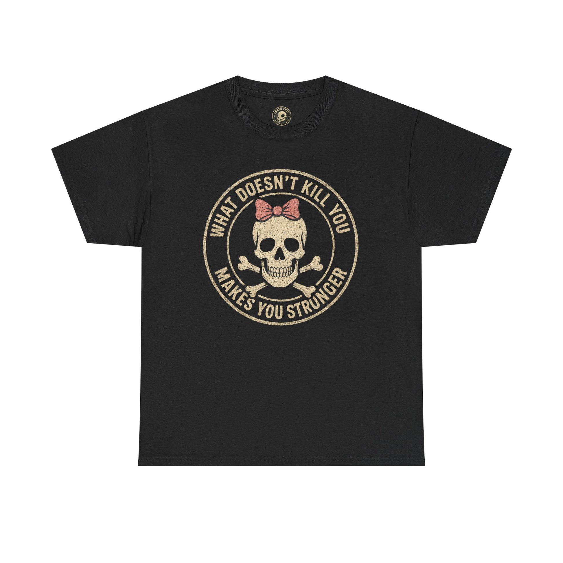 “What Doesn’t Kill You Makes You Stronger” Skull & Bow T-Shirt – Vintage Grunge Graphic | Gildan 5000