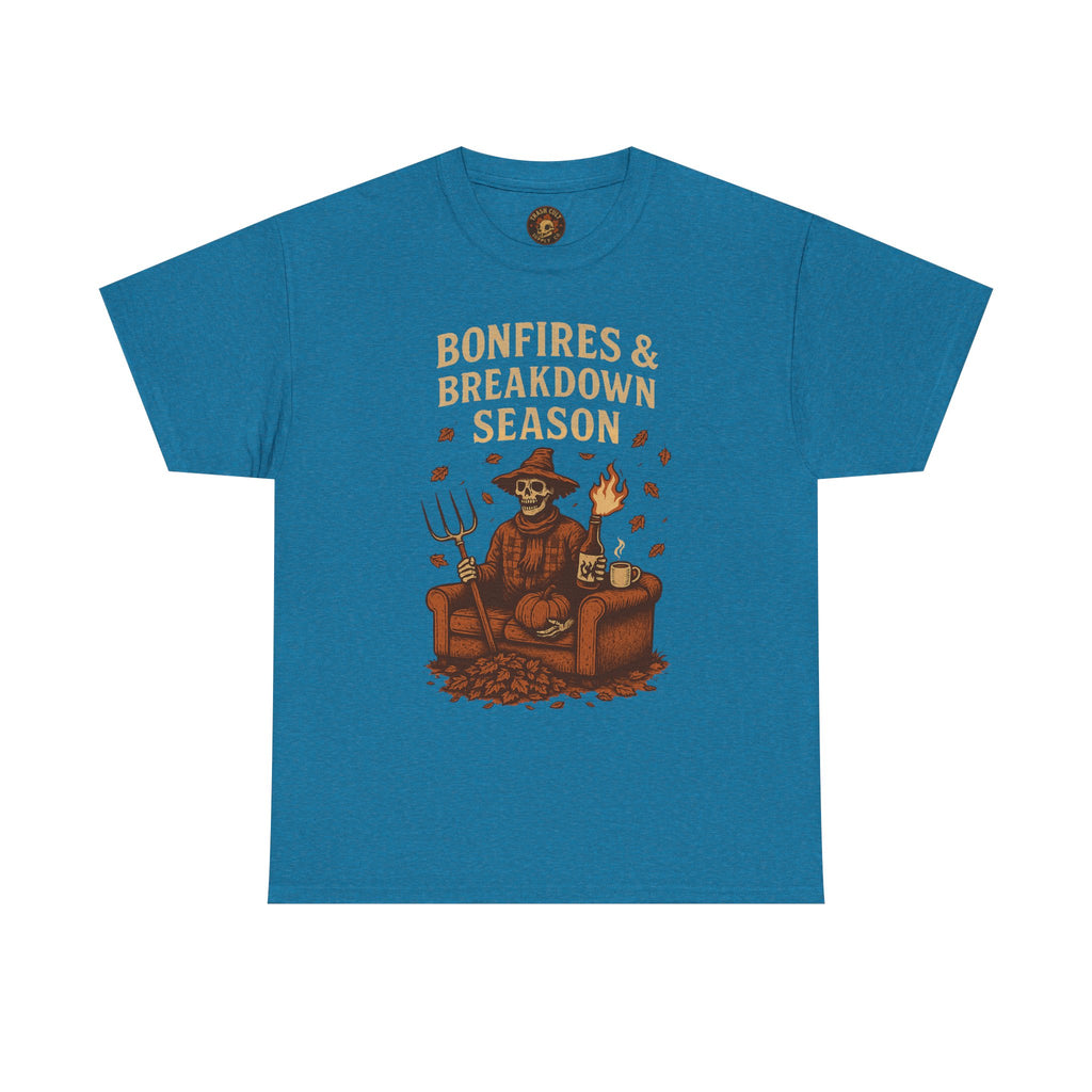 Bonfires & Breakdown Season Shirt – Skeleton Couch Chaos Tee – Fall of Humanity Collection – Trash Cult Supply Co.