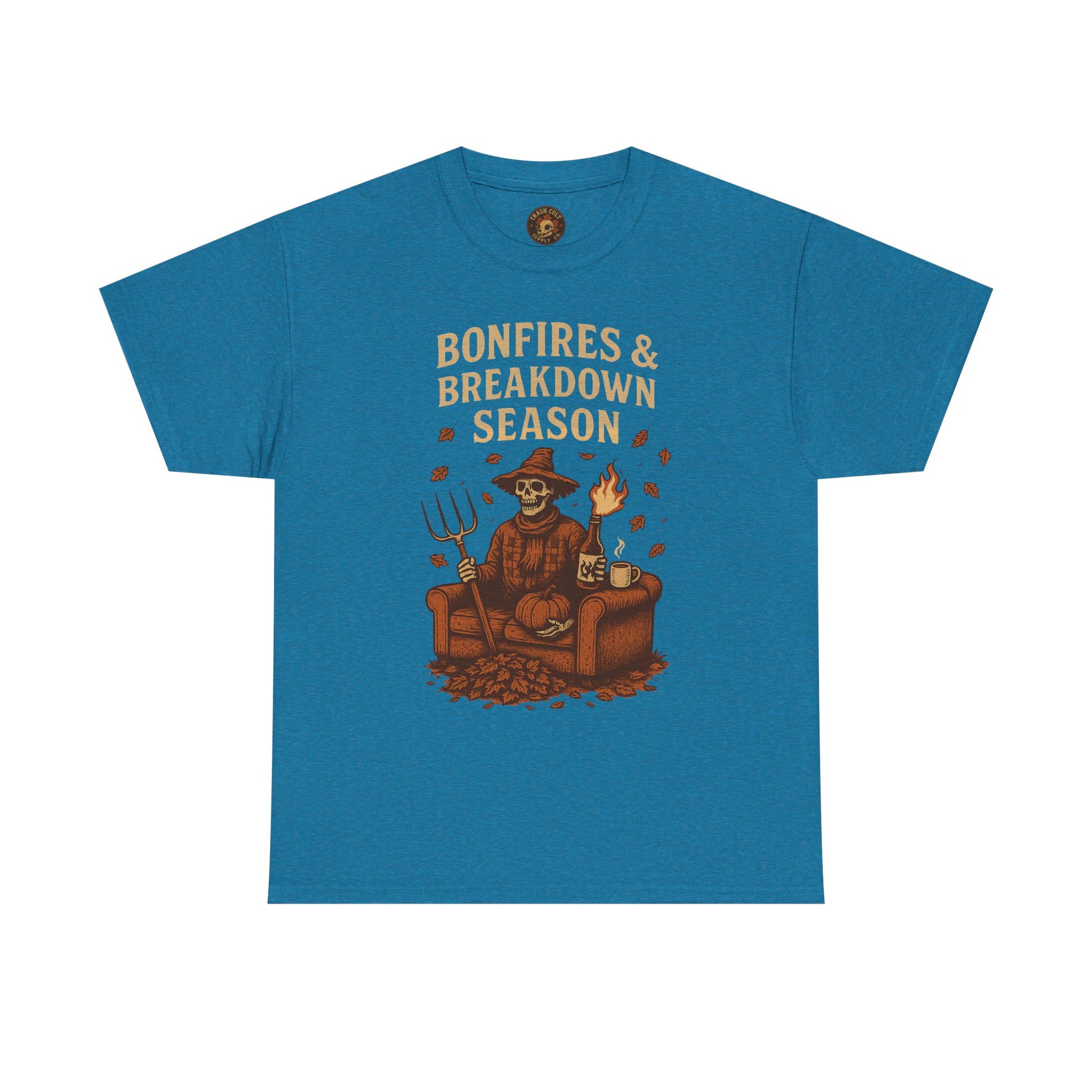 Bonfires & Breakdown Season Shirt – Skeleton Couch Chaos Tee – Fall of Humanity Collection – Trash Cult Supply Co.