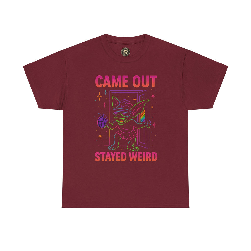 Came Out, Stayed Weird – Neon Gremlin Pride T-Shirt | Gildan Unisex Heavy Cotton Tee | LGBTQ+ Graphic Shirt