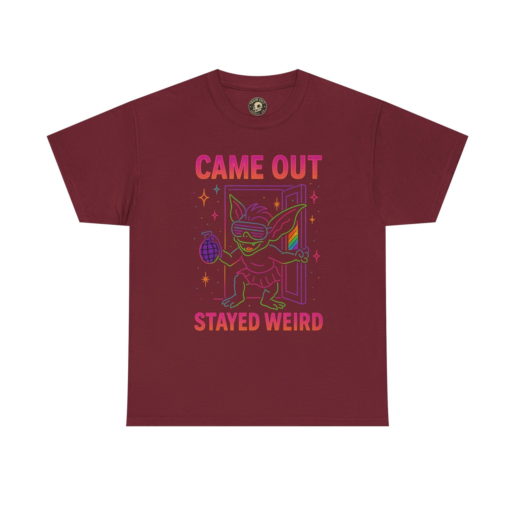 Came Out, Stayed Weird – Neon Gremlin Pride T-Shirt | Gildan Unisex Heavy Cotton Tee | LGBTQ+ Graphic Shirt