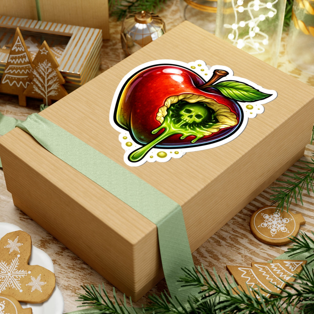 Poisoned Apple Kiss-Cut Sticker — Skull & Dripping Green Goo Design
