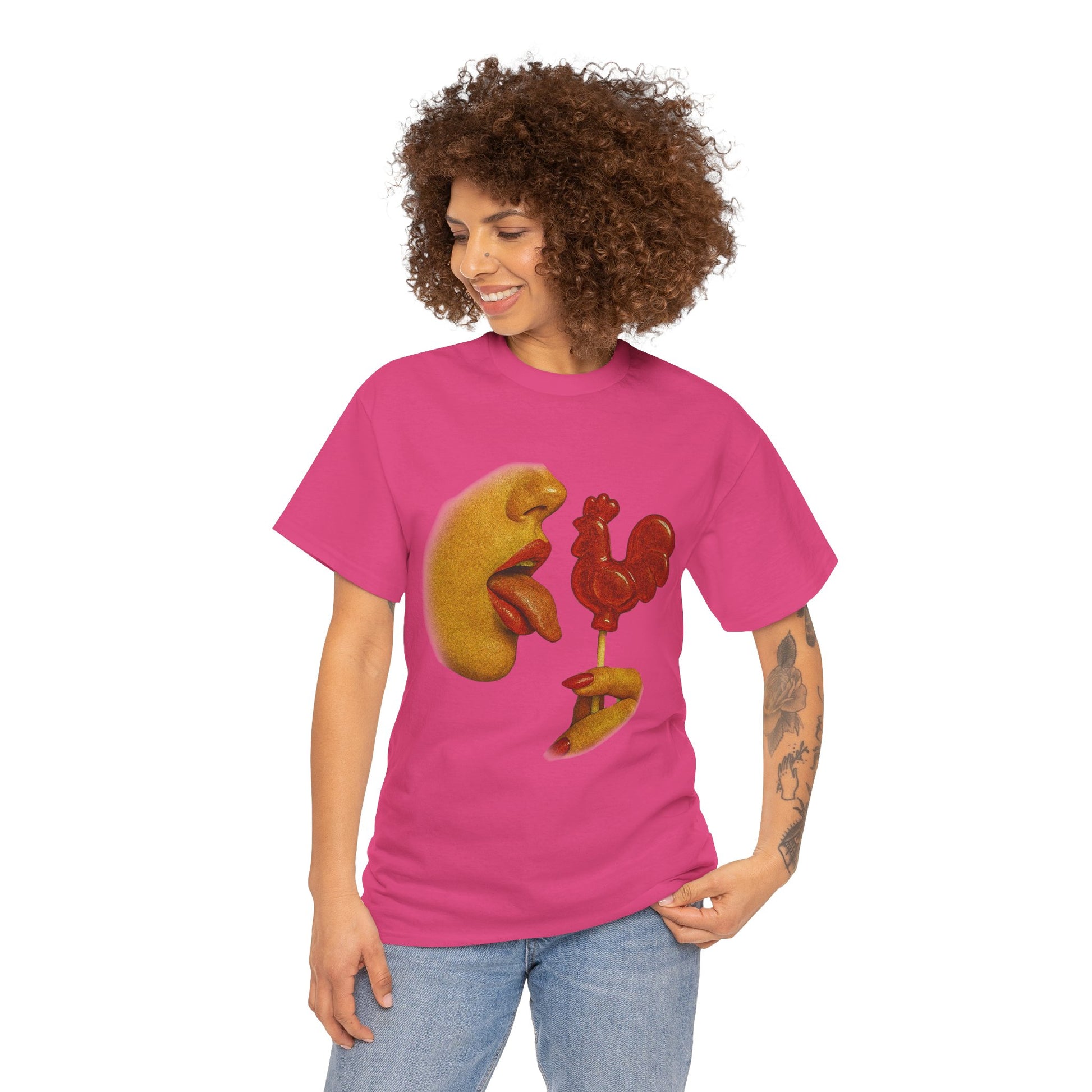 Bold Retro Halftone Tease – Red Rooster Lollipop Graphic Tee
