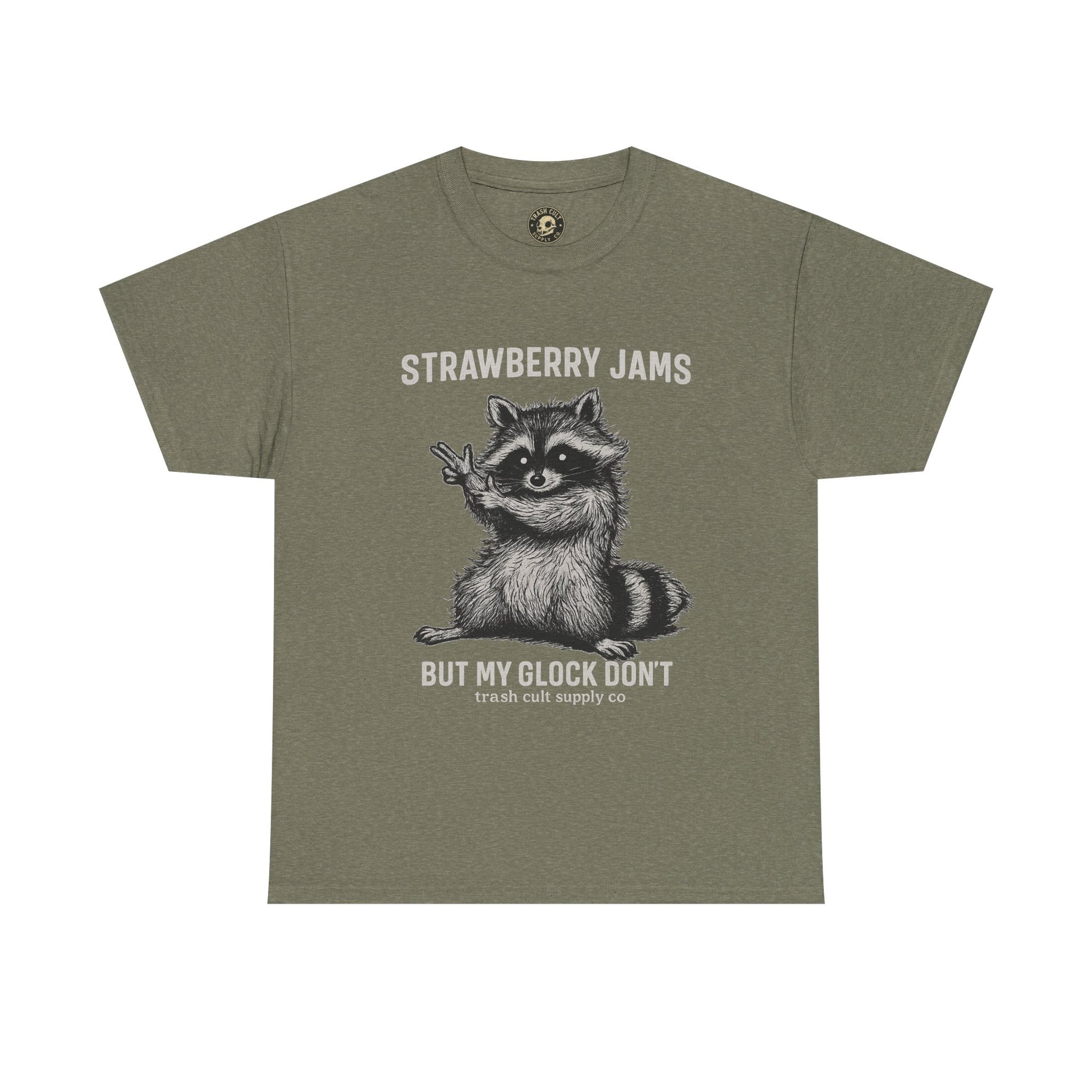 Strawberry Jams But My Glock Don’t Raccoon Shirt – Trash Cult Supply Co. Gildan 5000 Tee