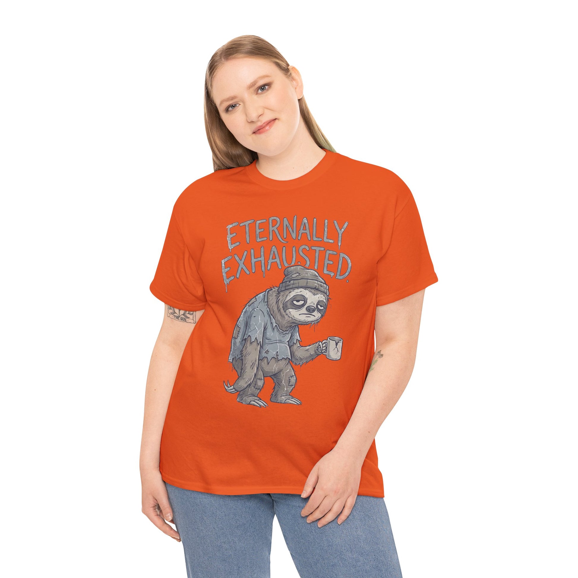 T-Shirt — 'Eternally Exhausted' Sloth Graphic Tee (Funny Coffee Lover Gift)