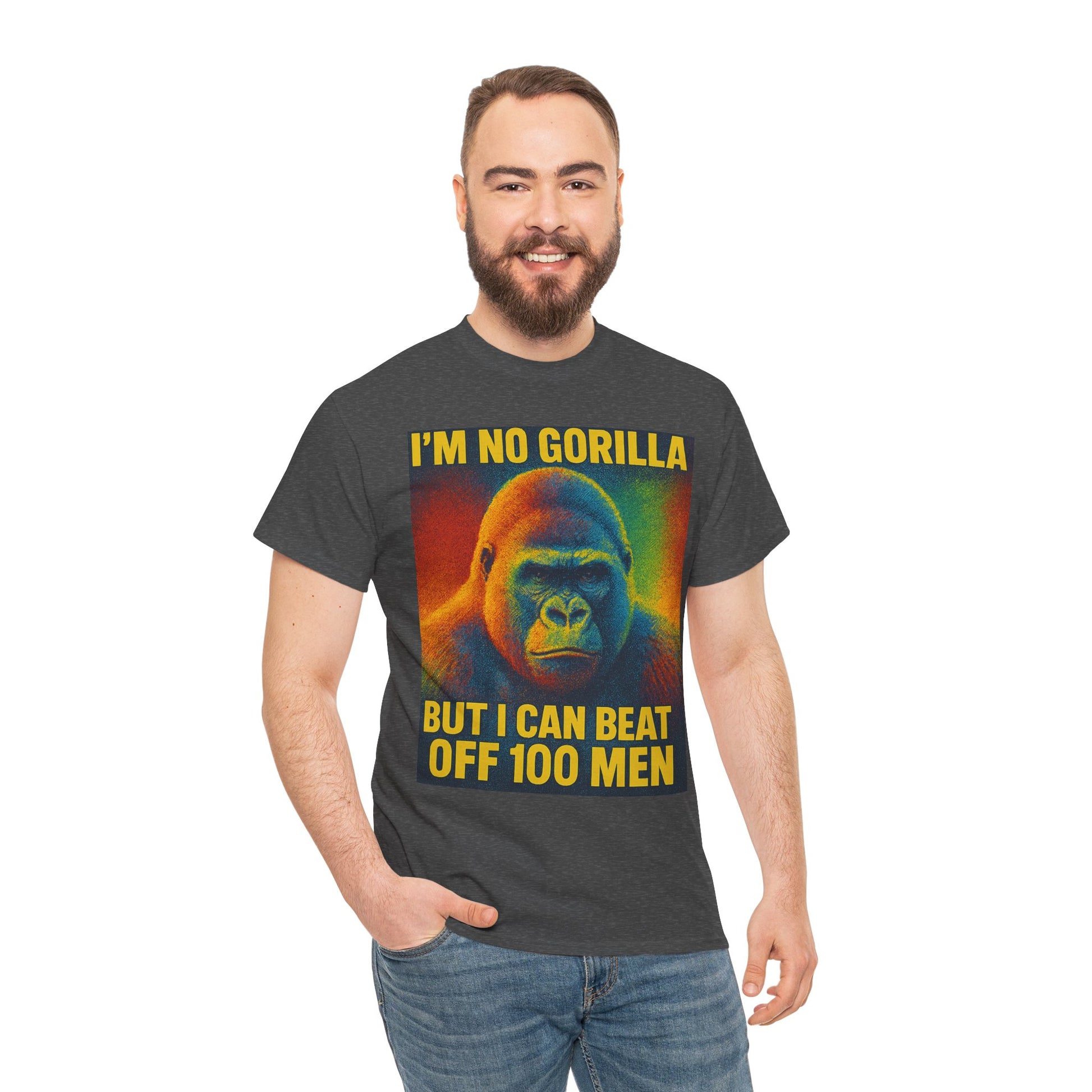 I’m No Gorilla But I Can Beat Off 100 Men Shirt – Multicolor Halftone Gorilla Tee on Gildan 5000