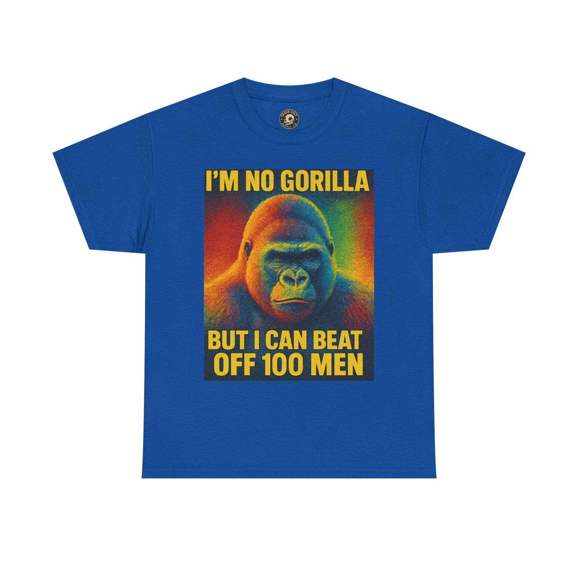 I’m No Gorilla But I Can Beat Off 100 Men Shirt – Multicolor Halftone Gorilla Tee on Gildan 5000