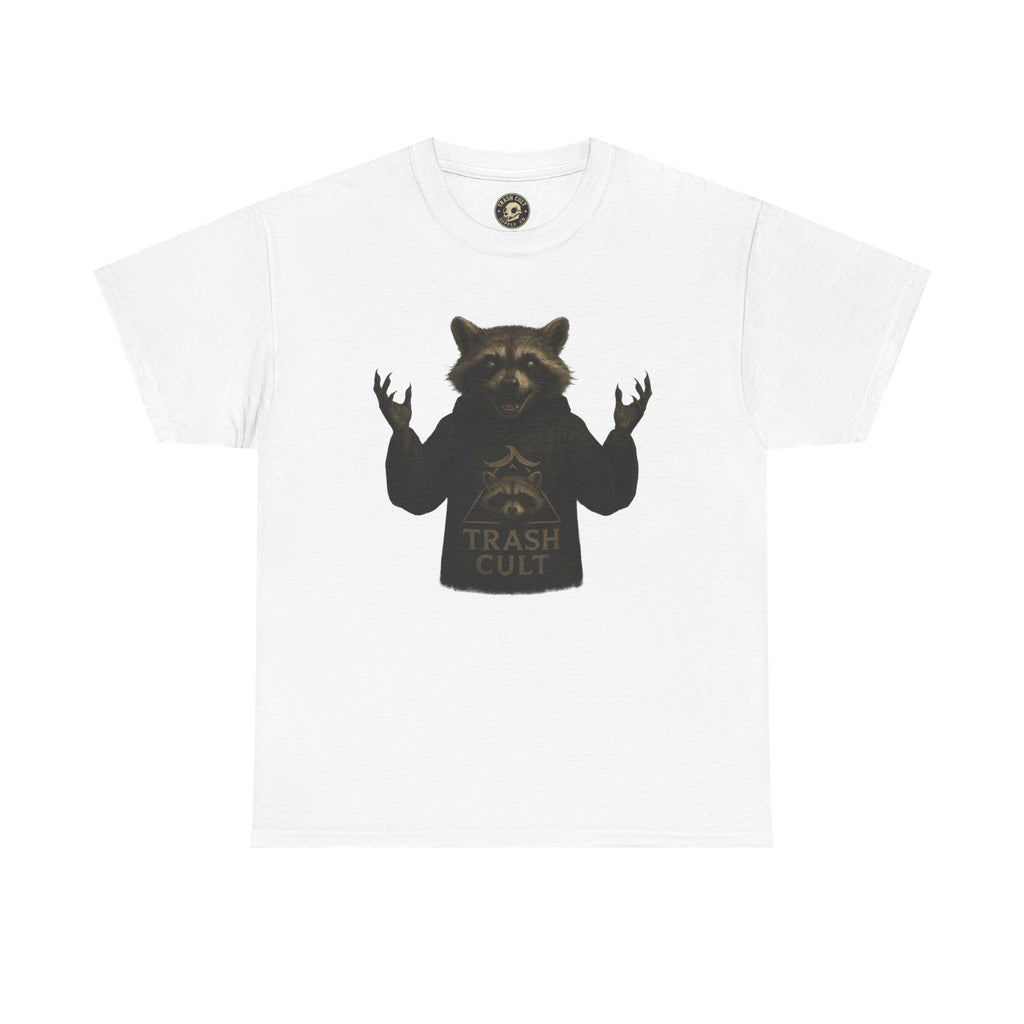 Raccoon Cult Leader Shirt – Trash Cult Unhinged Mascot Tee for Dark Fabrics | Gildan 5000