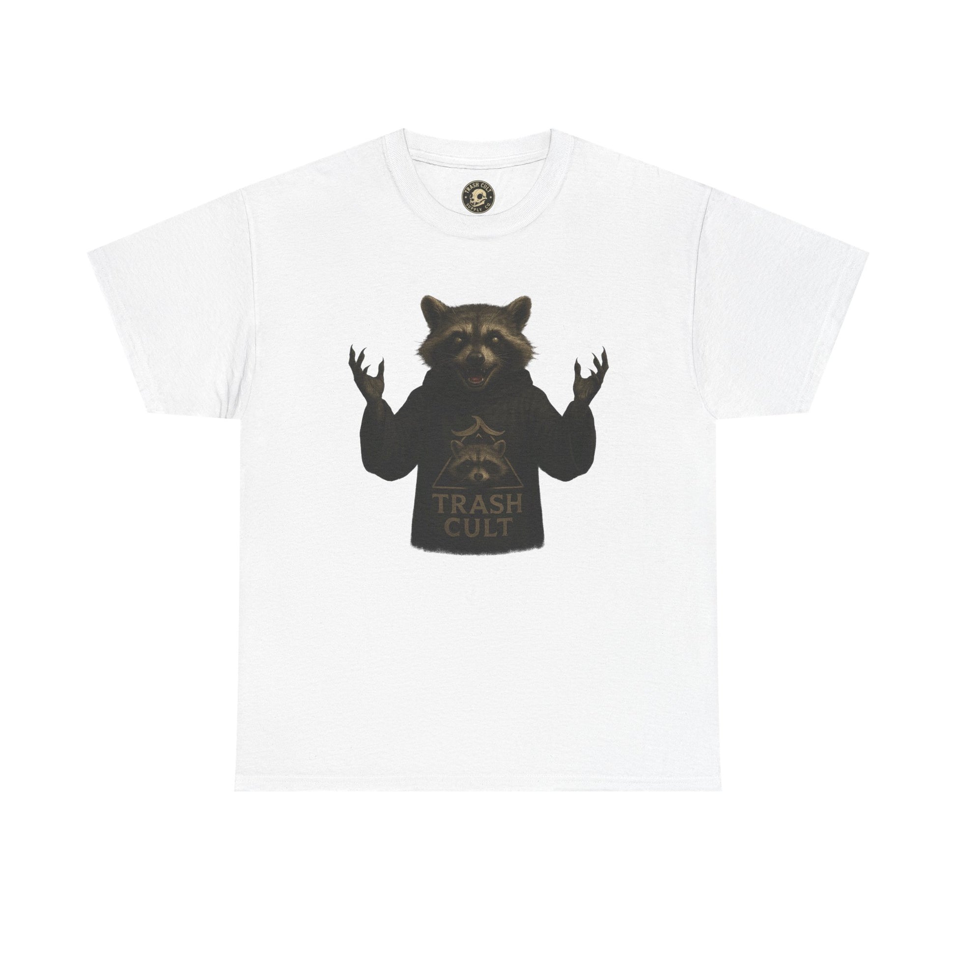 Raccoon Cult Leader Shirt – Trash Cult Unhinged Mascot Tee for Dark Fabrics | Gildan 5000