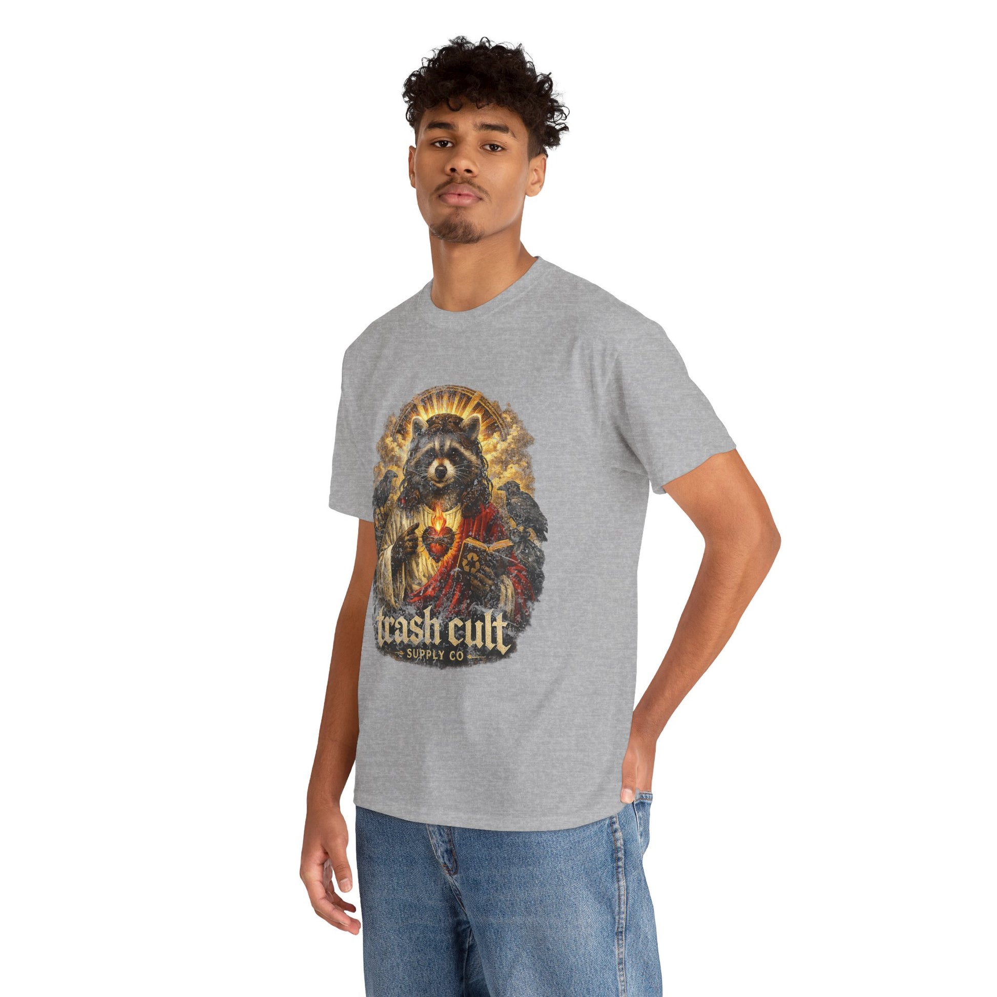 Raccoon Saint Graphic Tee — “Trash Cult” Vintage Devotional Design