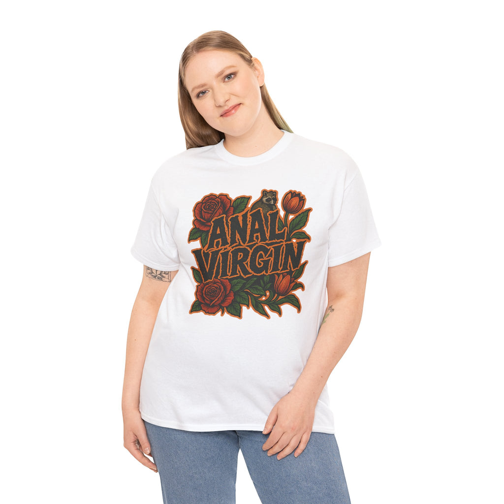 Anal Virgin Bold Floral Trashcore Tee – Funny Raccoon Shirt – Gildan 5000