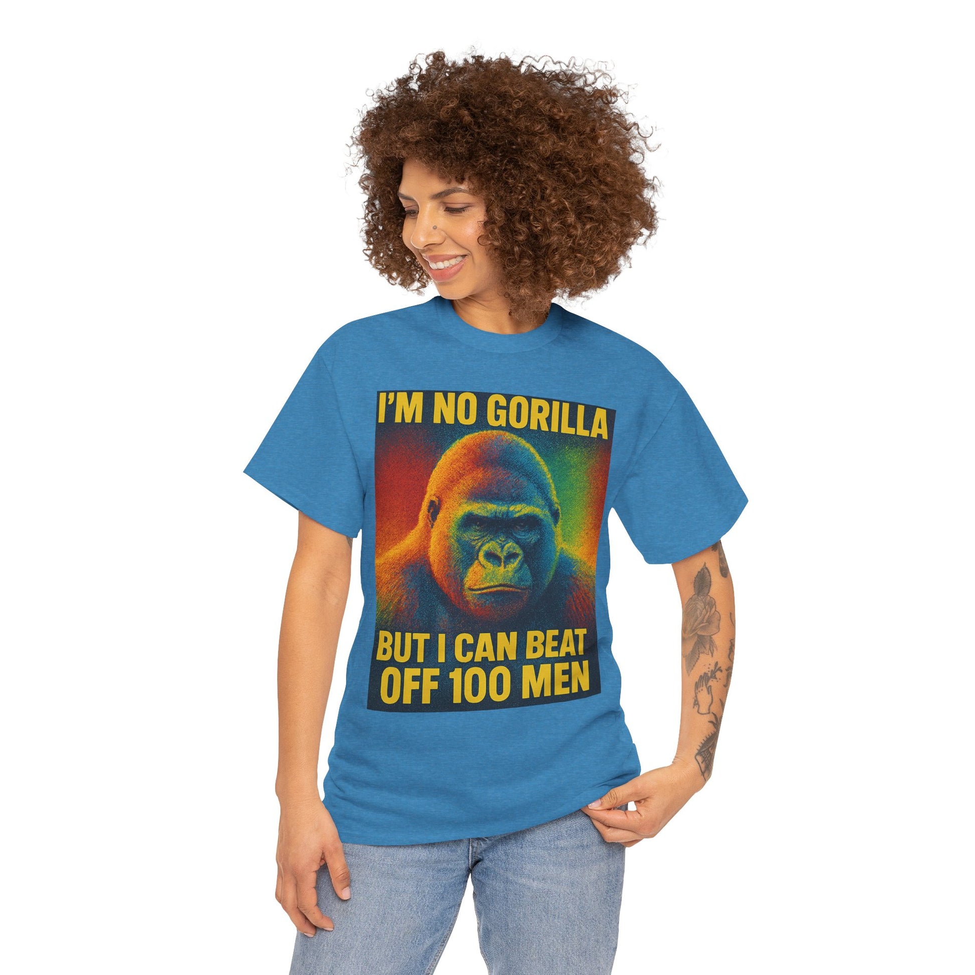 I’m No Gorilla But I Can Beat Off 100 Men Shirt – Multicolor Halftone Gorilla Tee on Gildan 5000