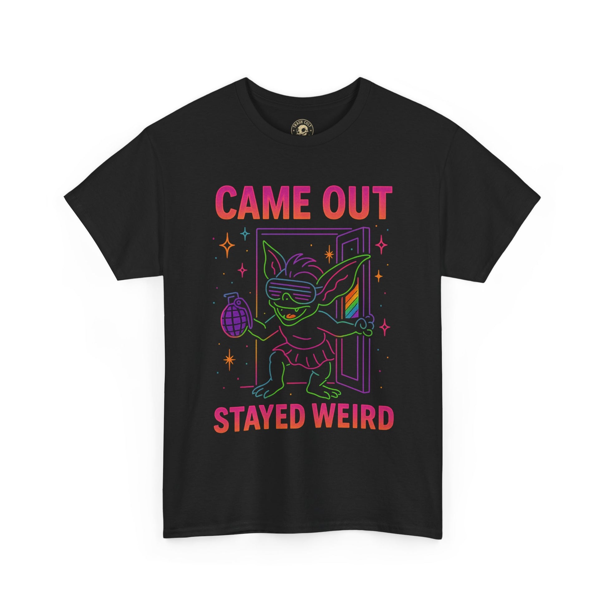 Came Out, Stayed Weird – Neon Gremlin Pride T-Shirt | Gildan Unisex Heavy Cotton Tee | LGBTQ+ Graphic Shirt