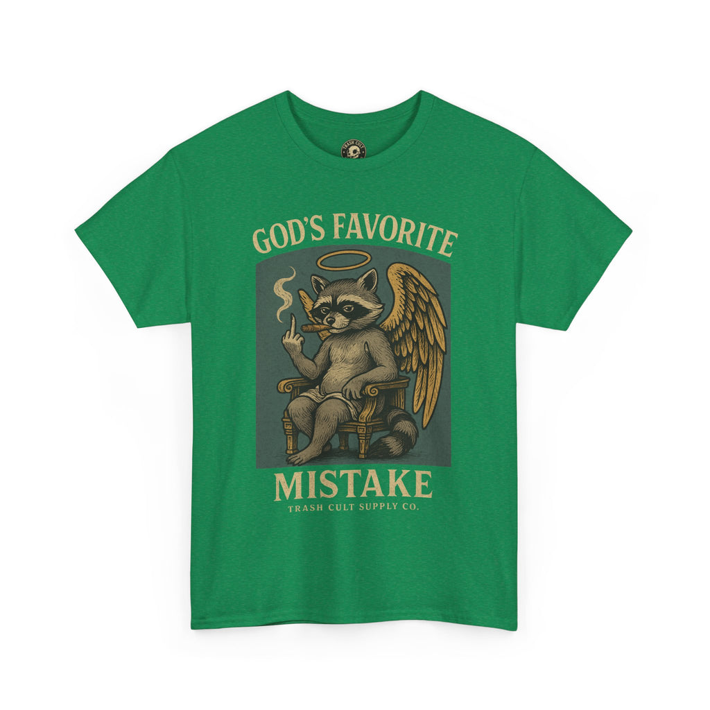 God’s Favorite Mistake Shirt – Raccoon Angel Flipping the Bird by Trash Cult Supply Co.