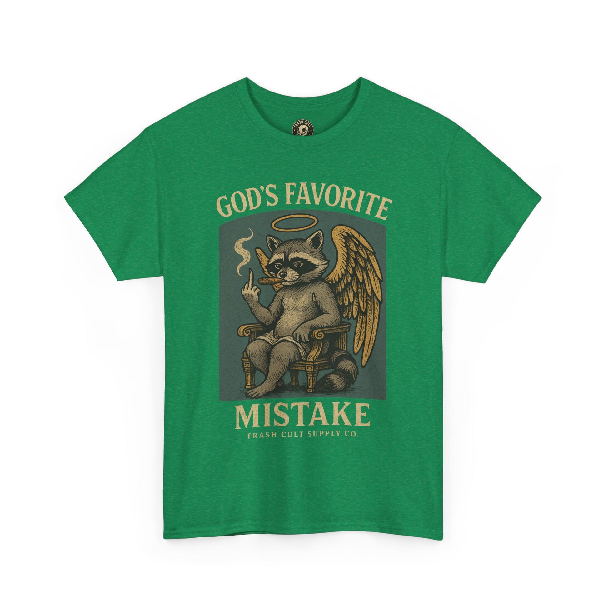 God’s Favorite Mistake Shirt – Raccoon Angel Flipping the Bird by Trash Cult Supply Co.