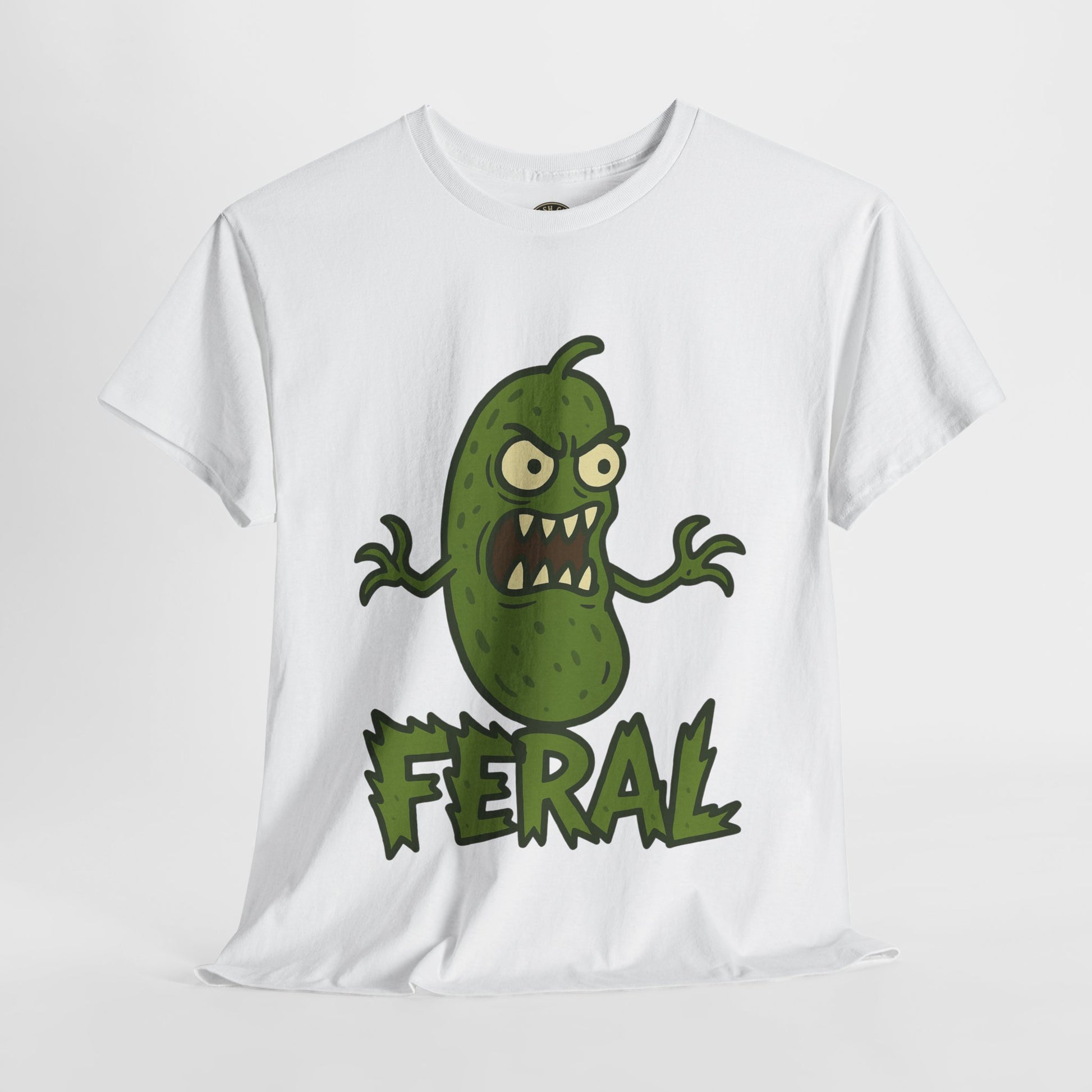Feral Pickle Cartoon Tee – Trashcore Angry Pickle Shirt – Gildan 5000 Unisex Heavy Cotton