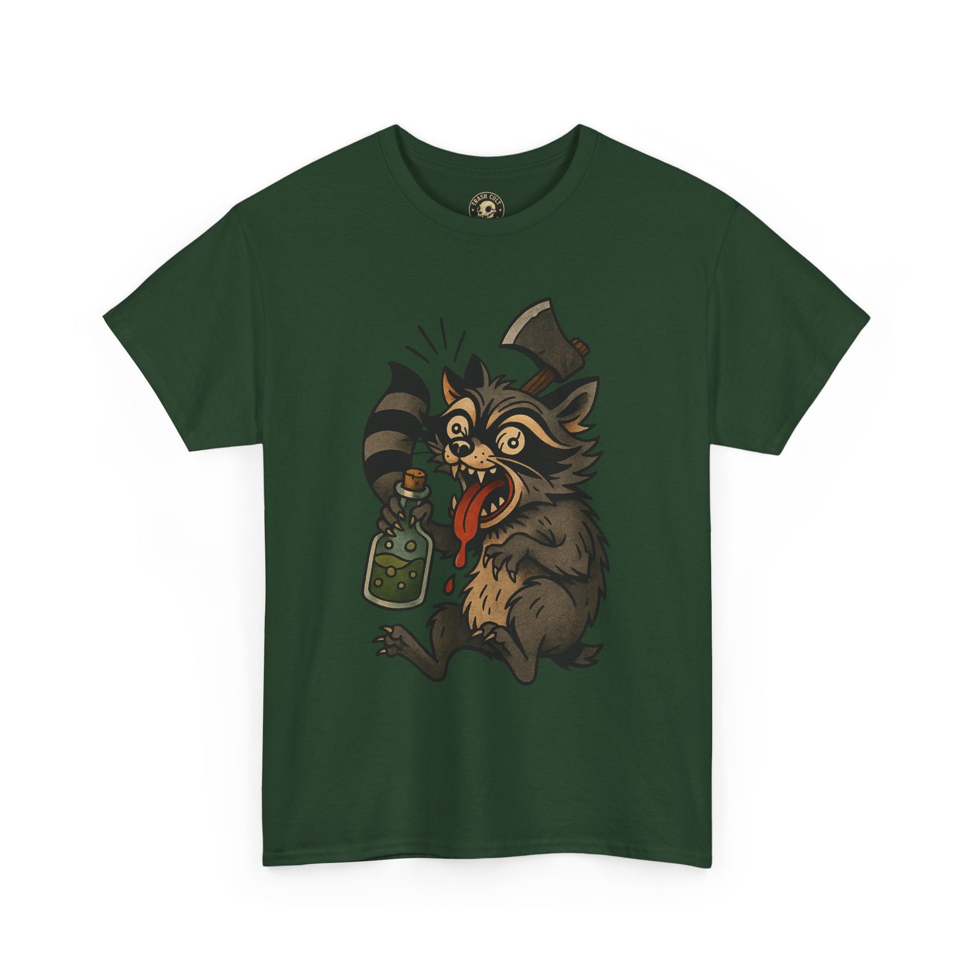 Unhinged Raccoon Shirt – Chaos Gremlin with Axe & Potion | Tattoo Style Tee