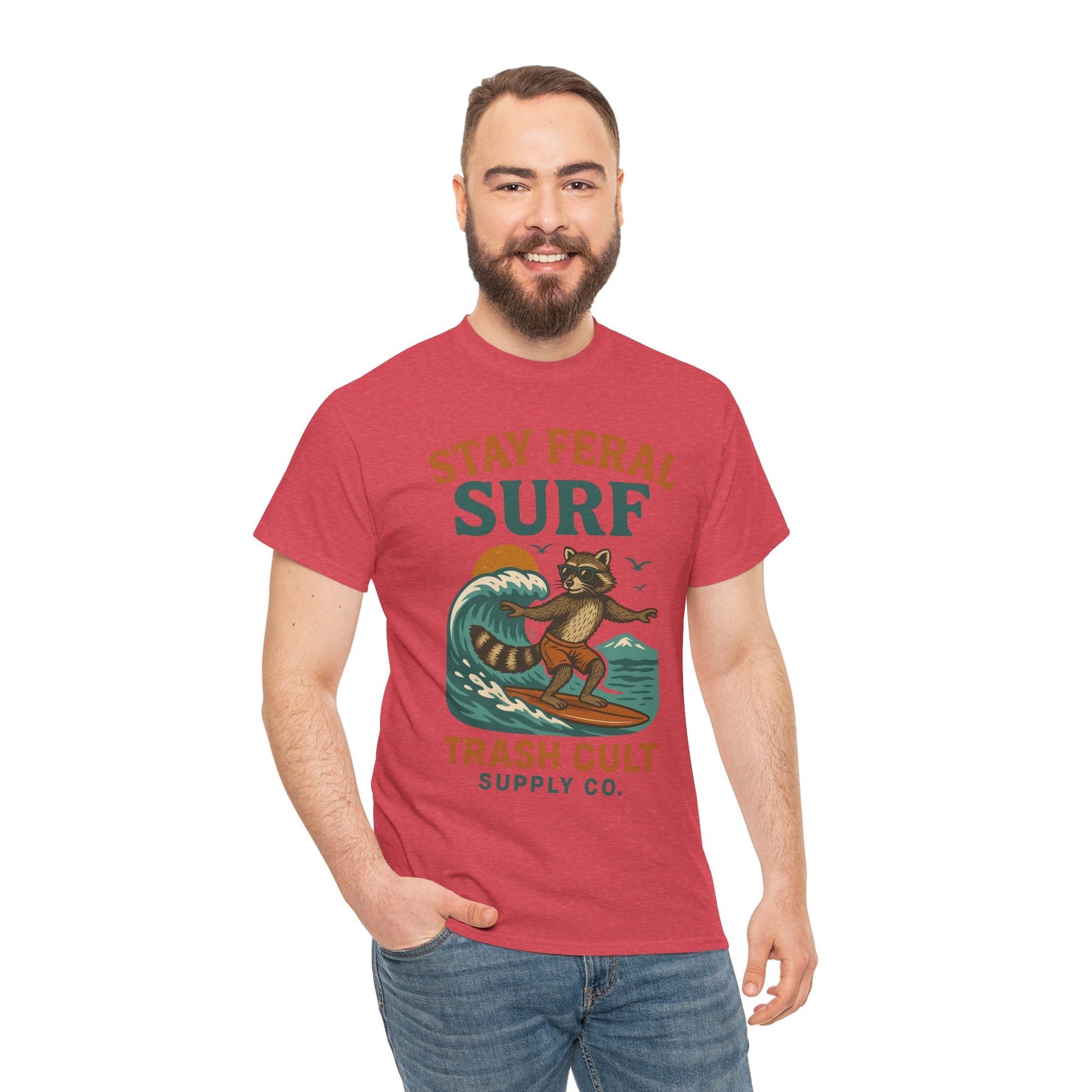Stay Feral Surf Shirt – Retro Raccoon Beach Tee – Trash Cult Supply Co – Gildan 5000