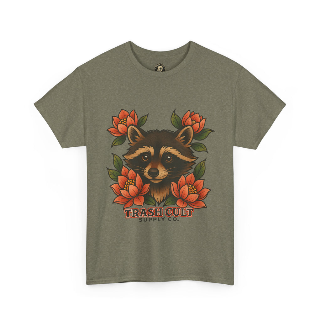 Neo-Traditional Raccoon & Lotus Tattoo Shirt – Trash Cult Supply Co. – Gildan 5000