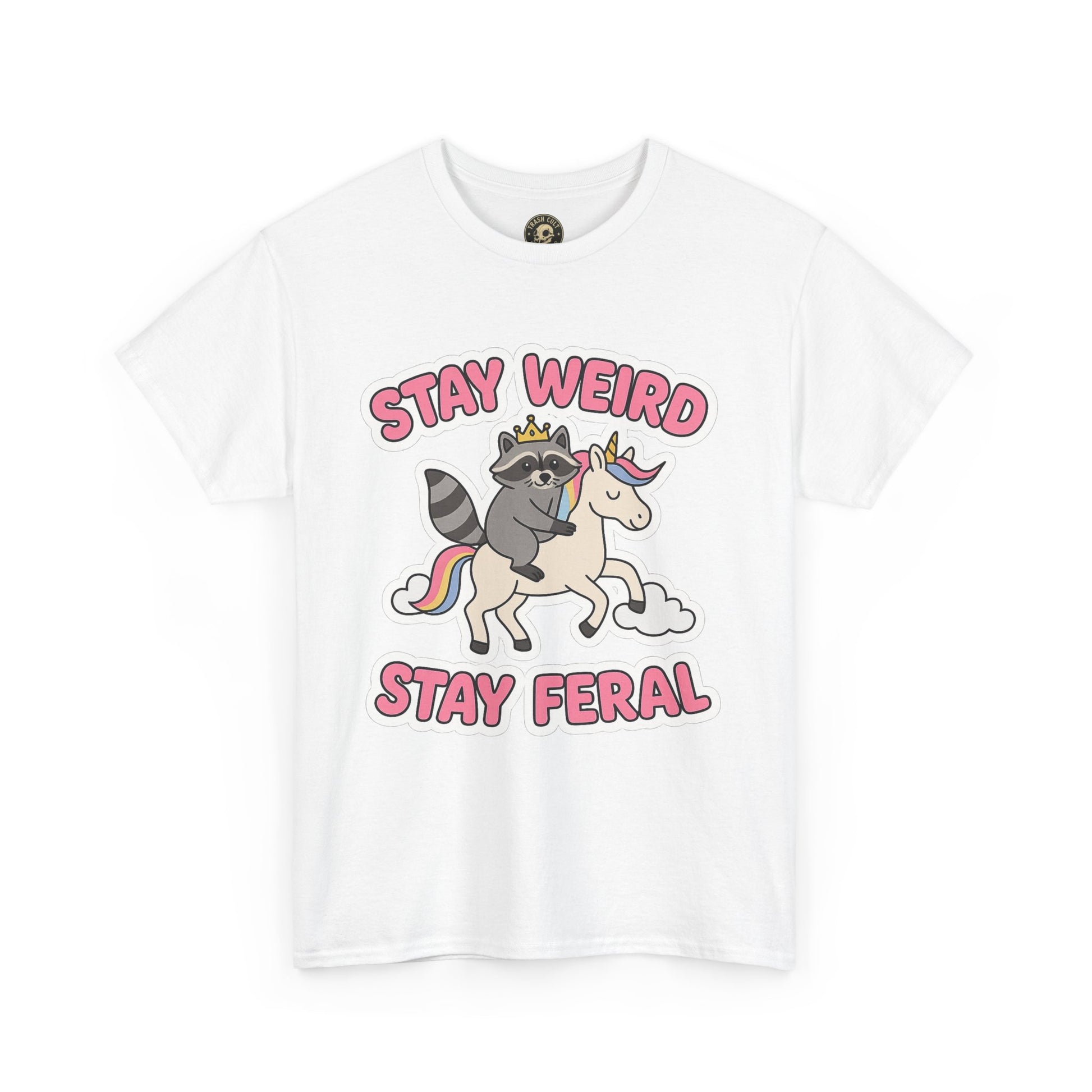 Stay Weird Stay Feral Shirt – Raccoon & Unicorn – High Visibility Gildan 5000 Tee