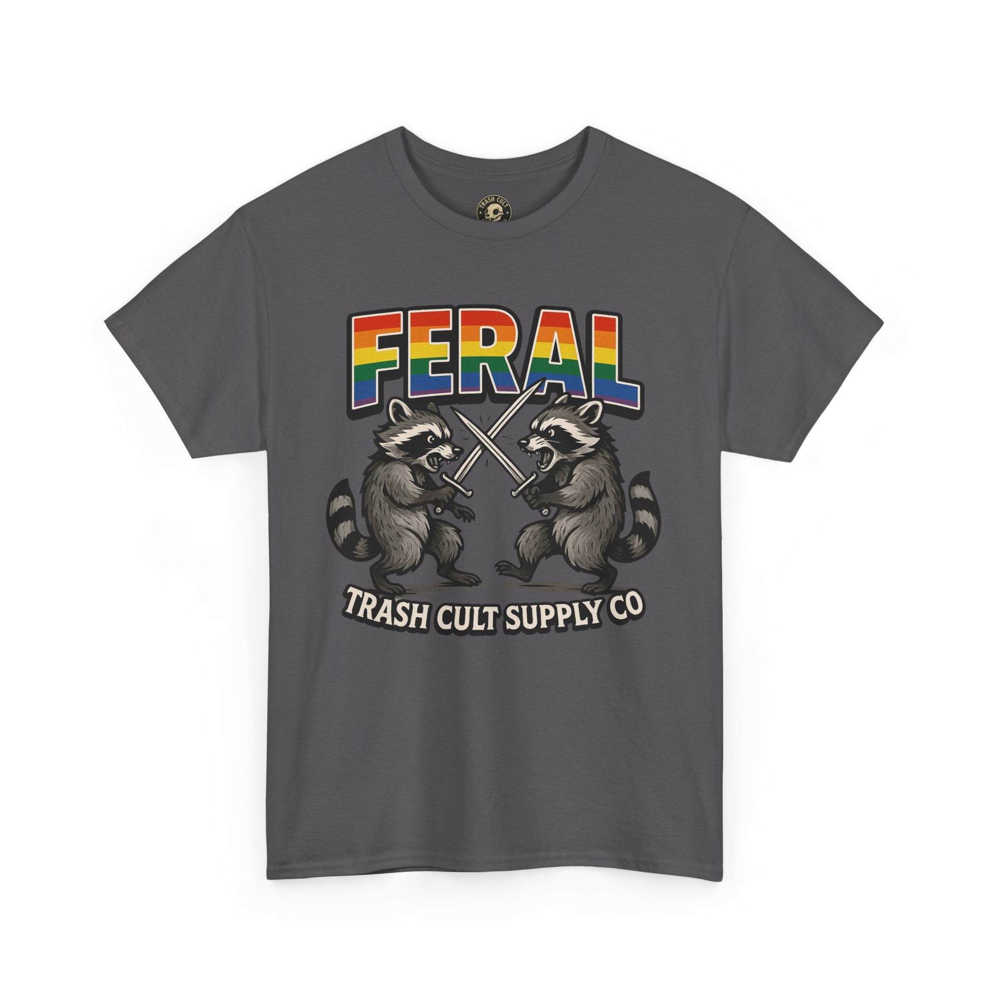 FERAL Rainbow Raccoon Sword Fighting Graphic Tee – Gildan 5000 Heavy Cotton