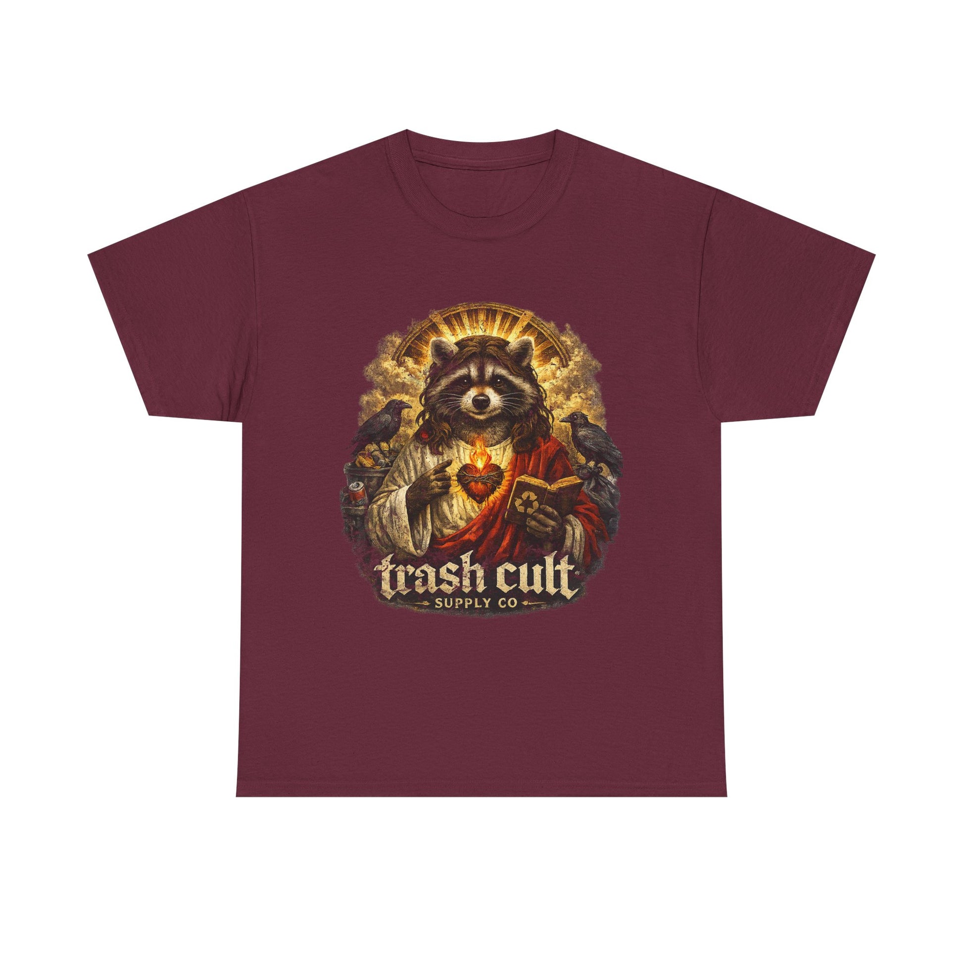 Raccoon Saint Graphic Tee — “Trash Cult” Vintage Devotional Design