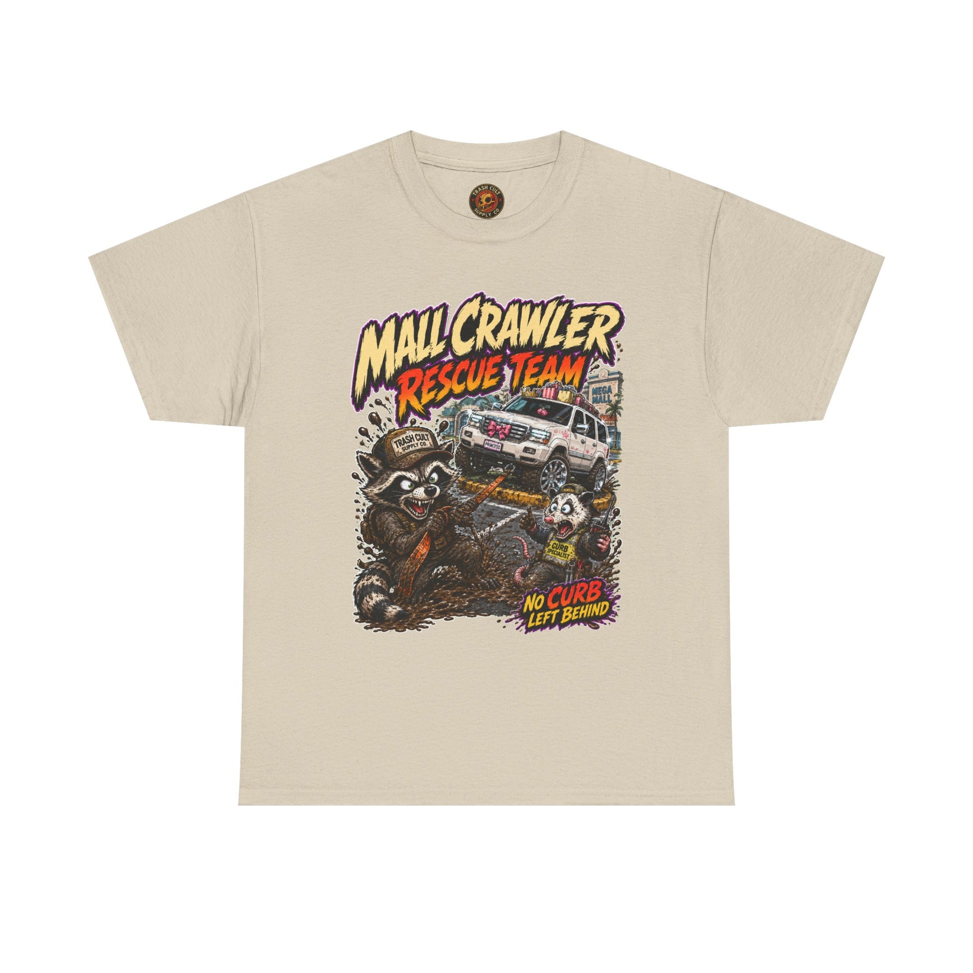 Mall Crawler Rescue Team T‑Shirt — Vintage Raccoon Rescue Graphic Tee (“No Curb Left Behind”)