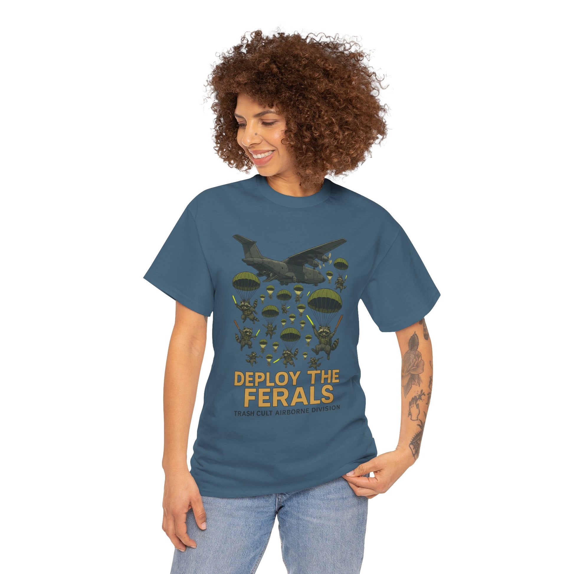 Deploy the Ferals T-Shirt – Airborne Raccoon Drop Graphic | Trash Cult Supply Co. | Gildan 5000 Heavy Cotton Tee