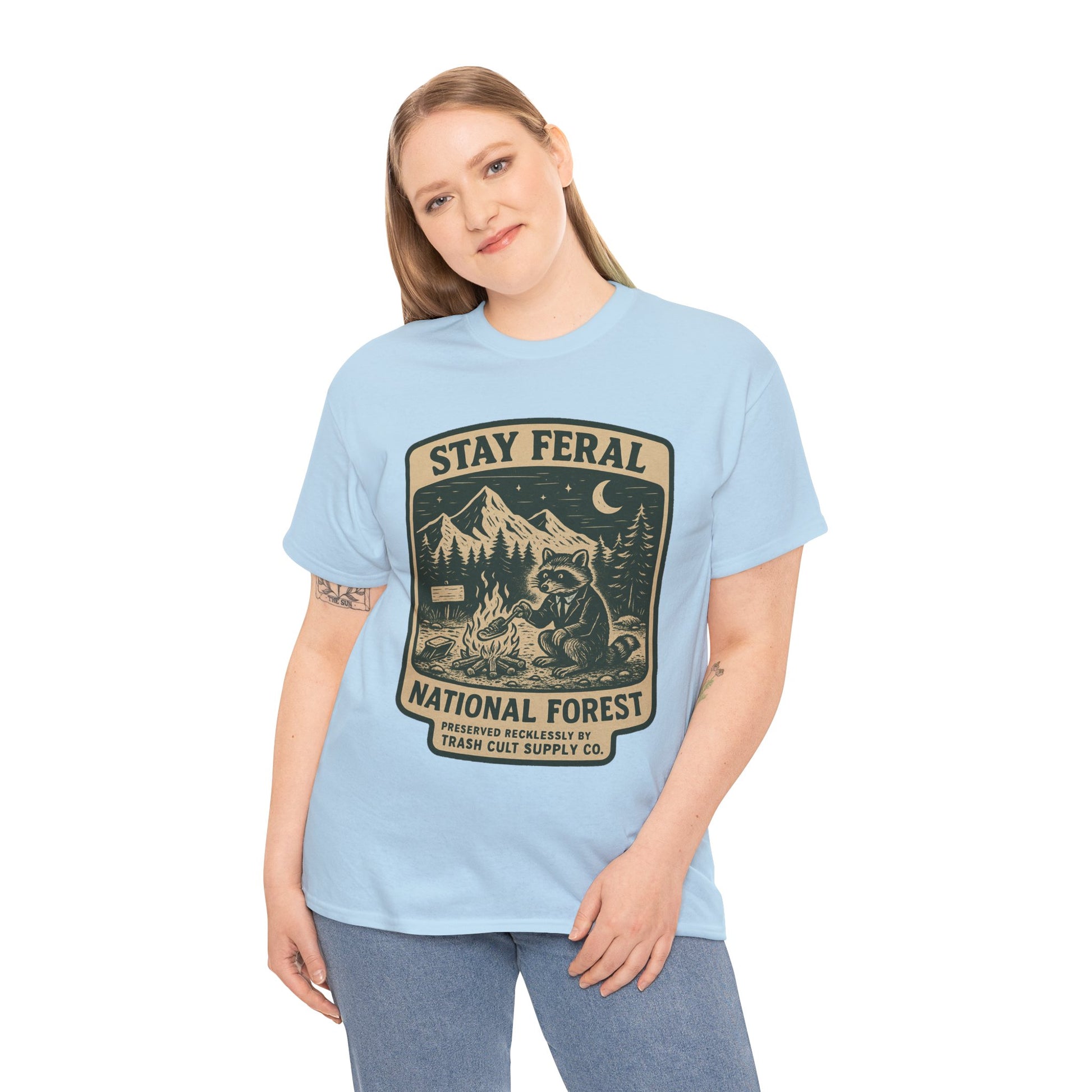 Stay Feral National Forest Shirt – Vintage Raccoon Camping Tee – Trash Cult Supply Co – Gildan 5000